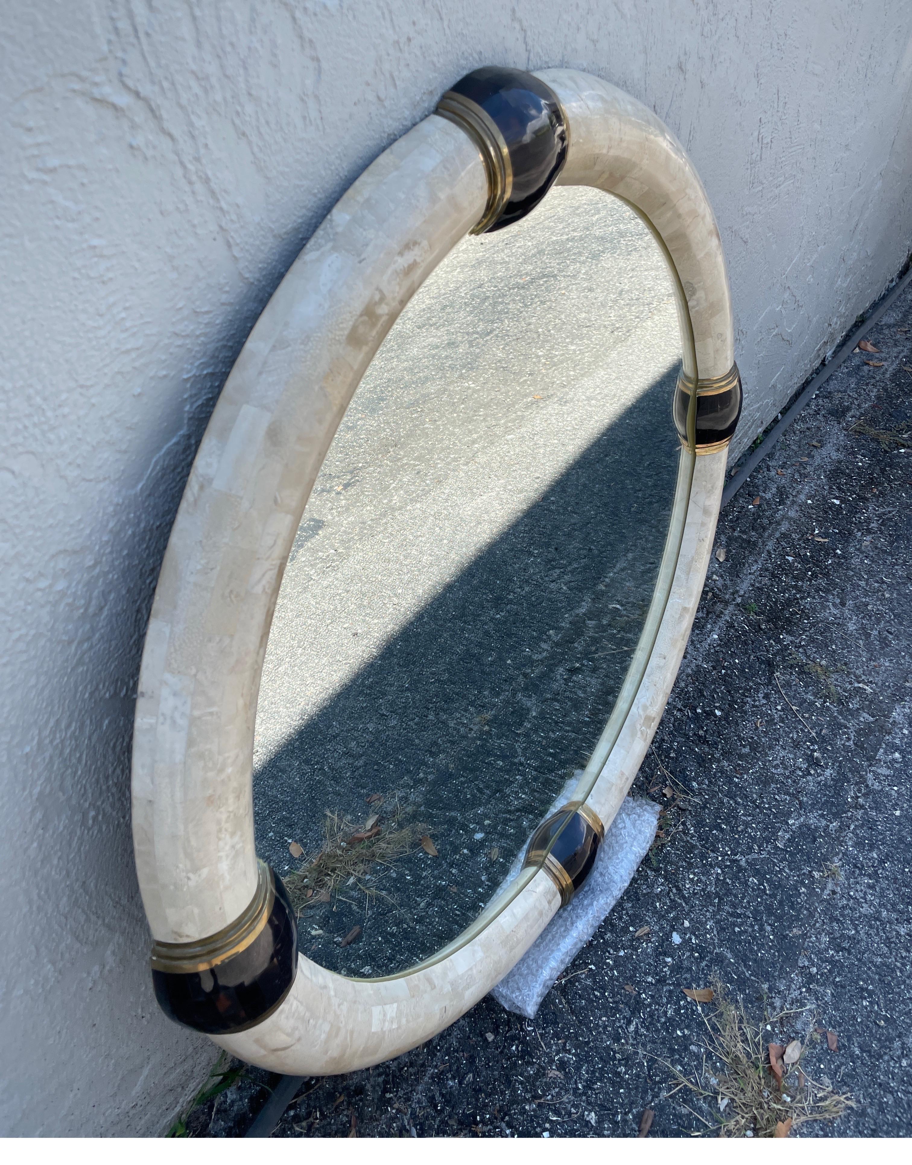 Tessellated Marble & Pen Shell Round Mirror by Karl Springer 2