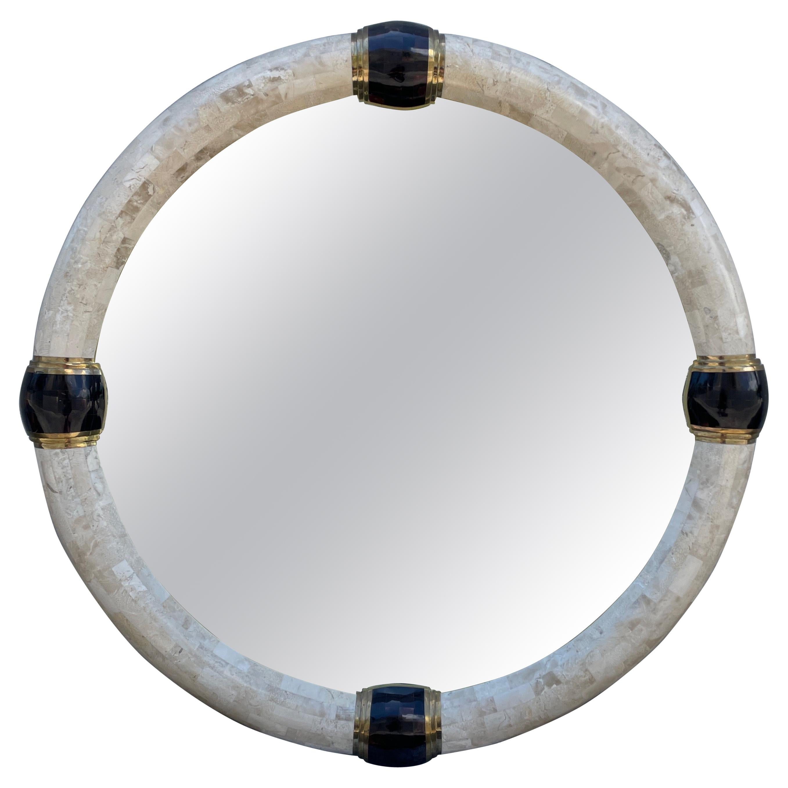 Tessellated Marble & Pen Shell Round Mirror by Karl Springer