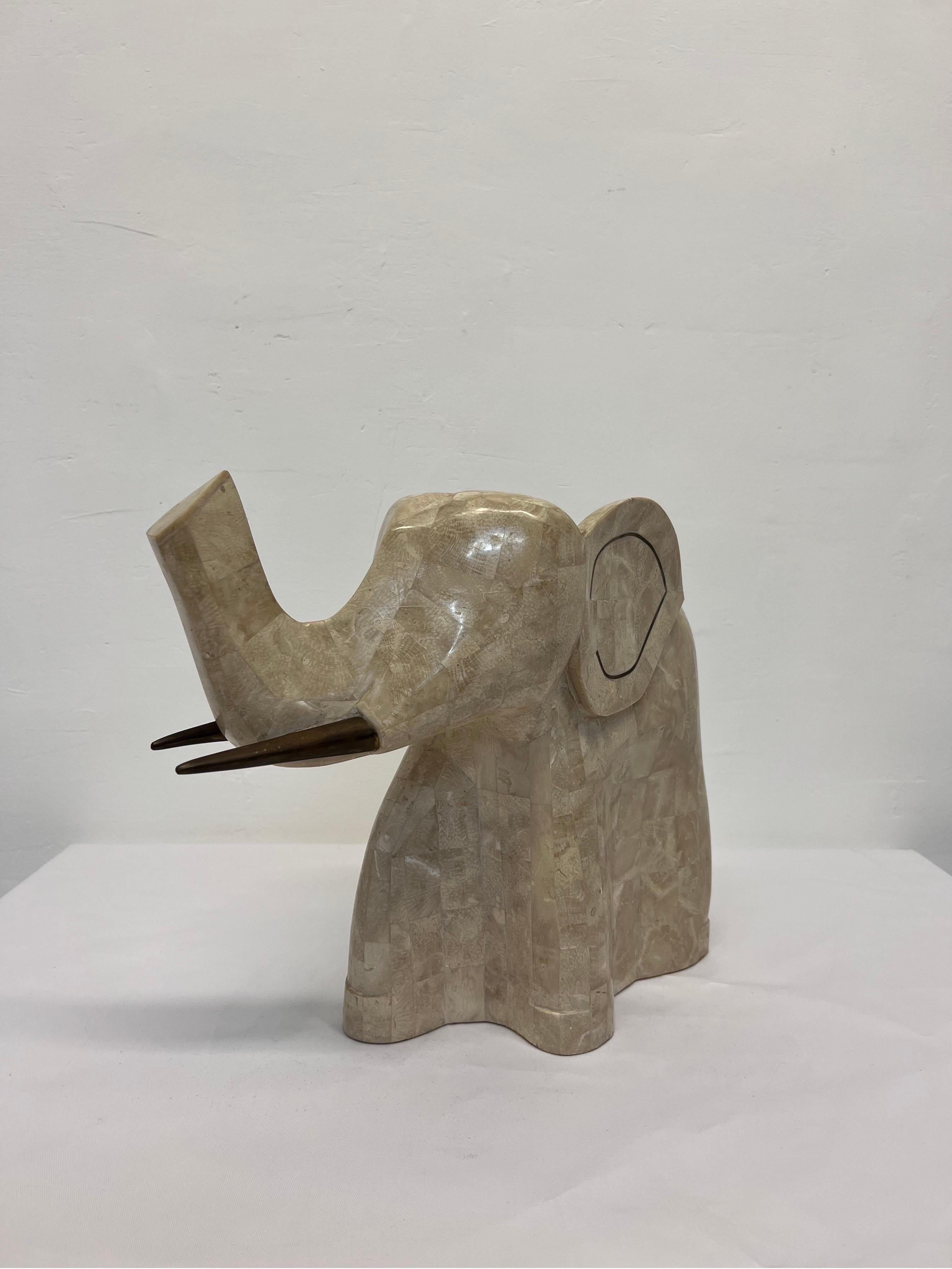 Mid-Century Modern Tessellated Marble Stone and Brass Inlay Elephant Sculpture
