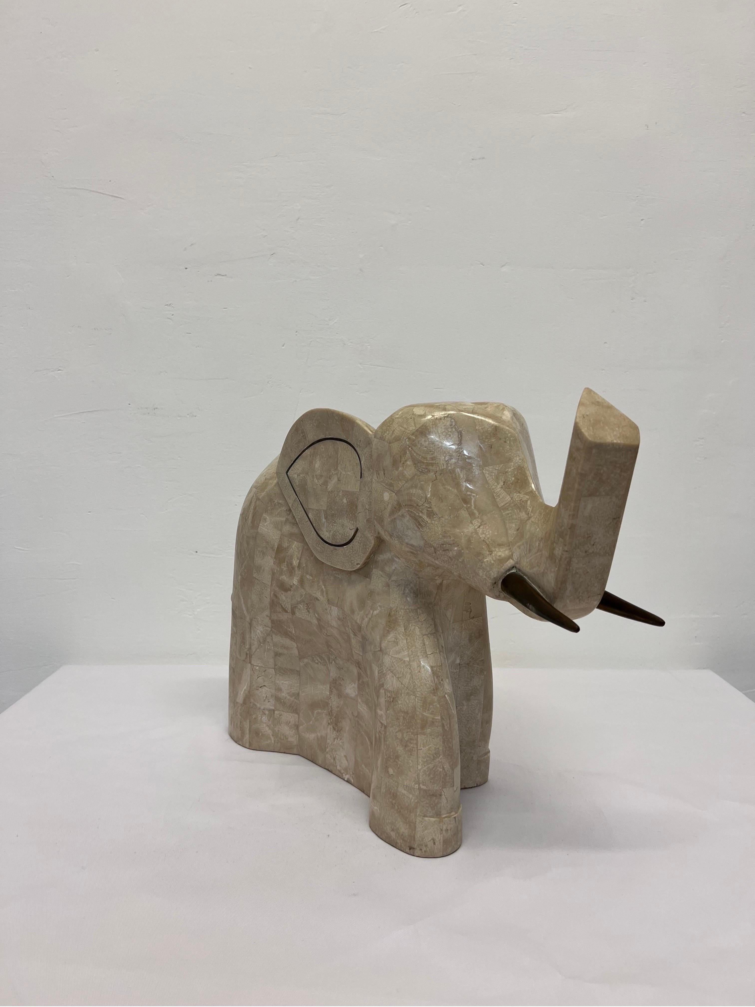 Tessellated Marble Stone and Brass Inlay Elephant Sculpture In Good Condition In Miami, FL