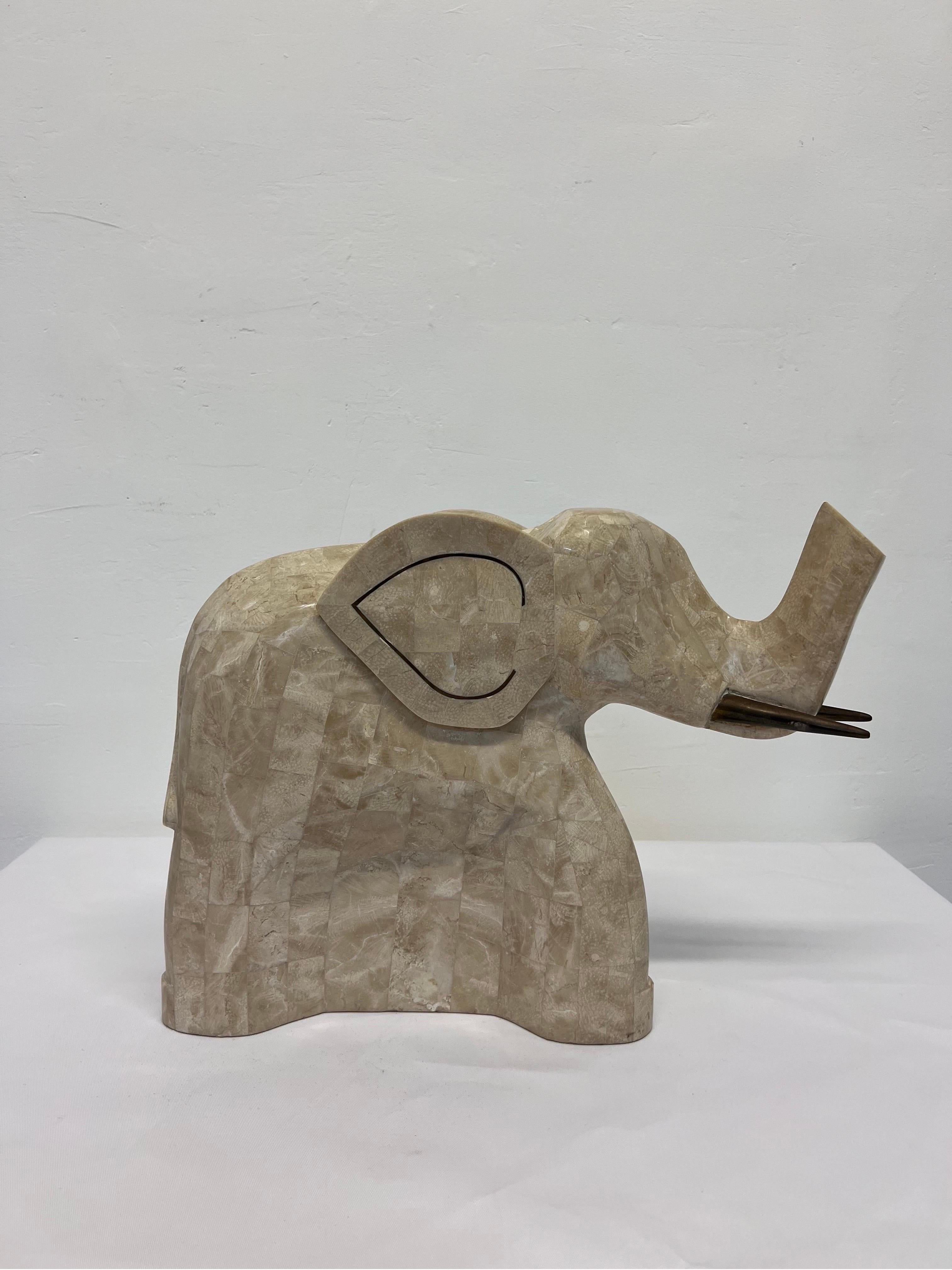 20th Century Tessellated Marble Stone and Brass Inlay Elephant Sculpture