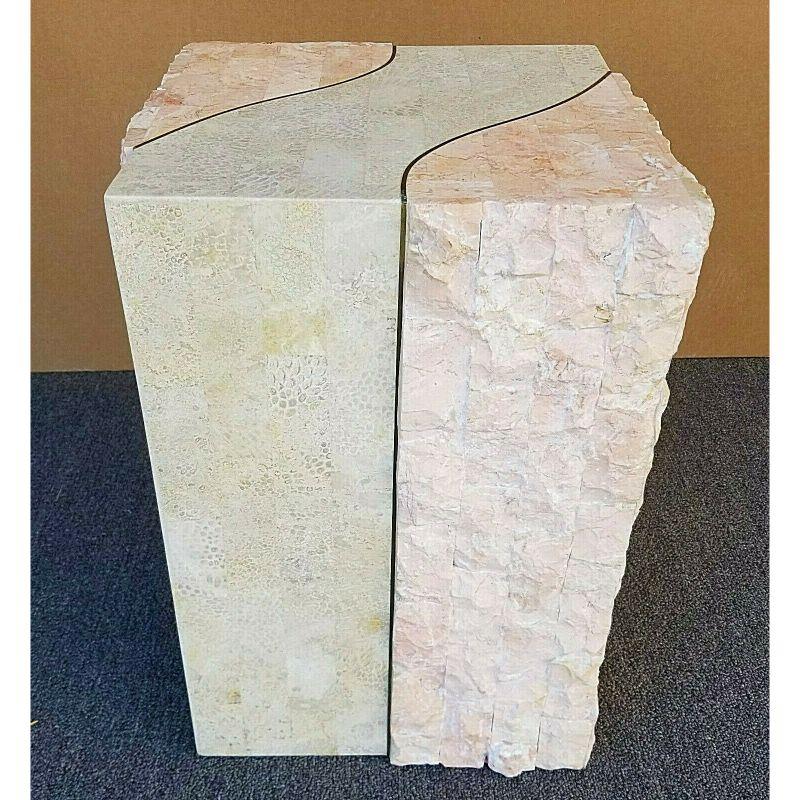 Tessellated Marble Stone Brass Glass Side End Table by Magnussen  In Good Condition For Sale In Lake Worth, FL