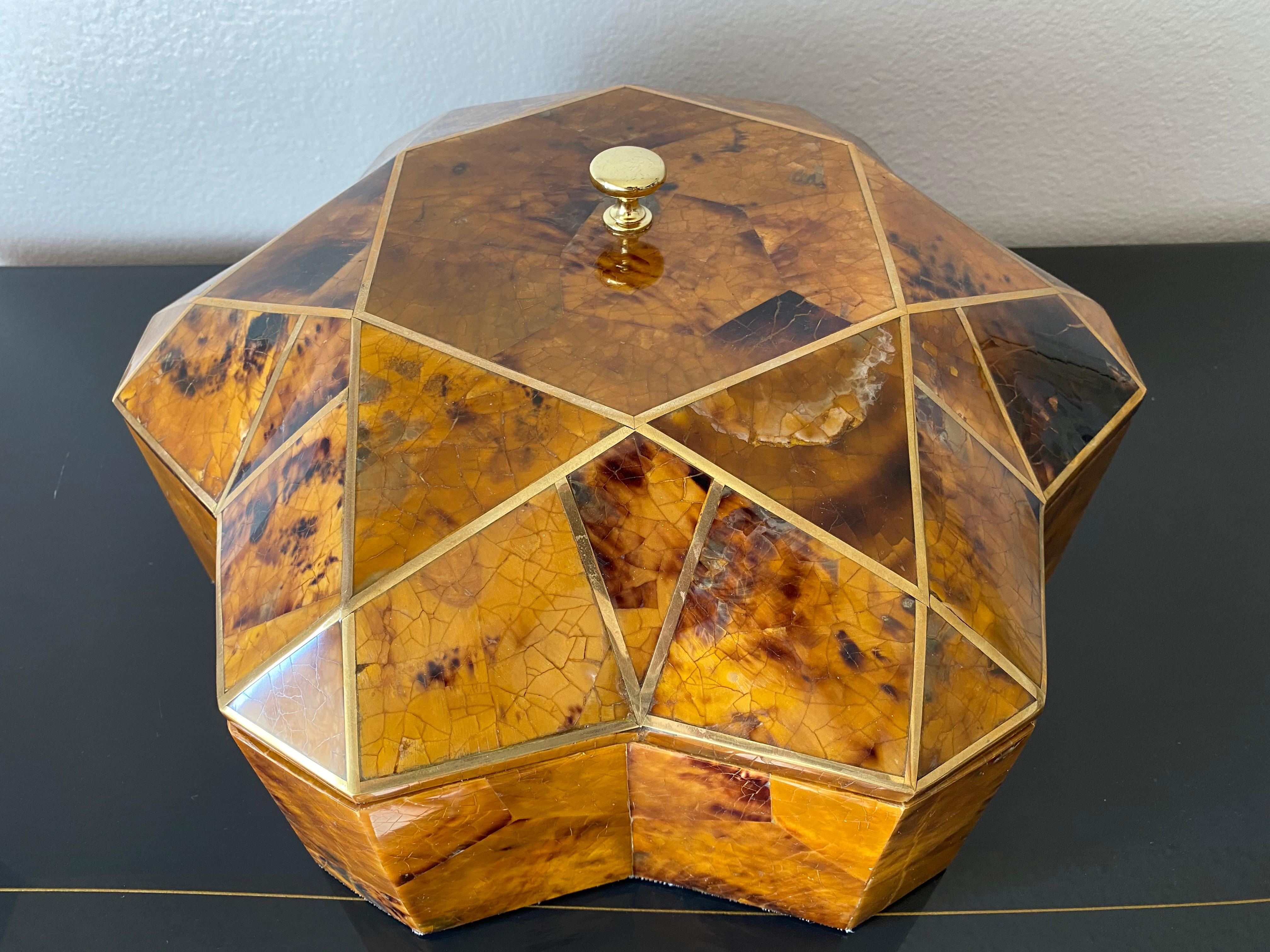 Tessellated pen shell and brass jewelry box with black velvet interior attributed to Maitland Smith.