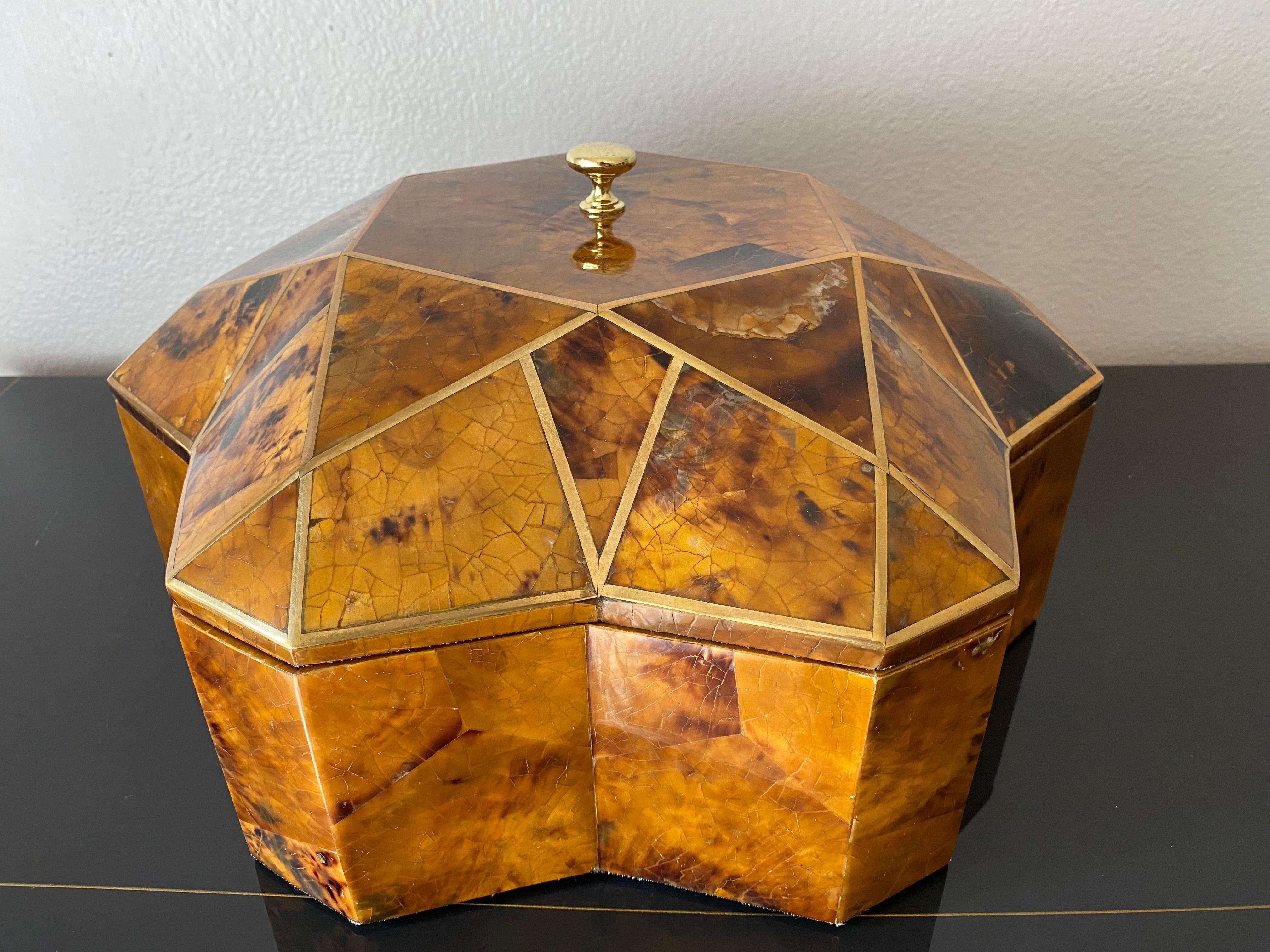 Hollywood Regency Tessellated Pen Shell and Brass Jewelry Box