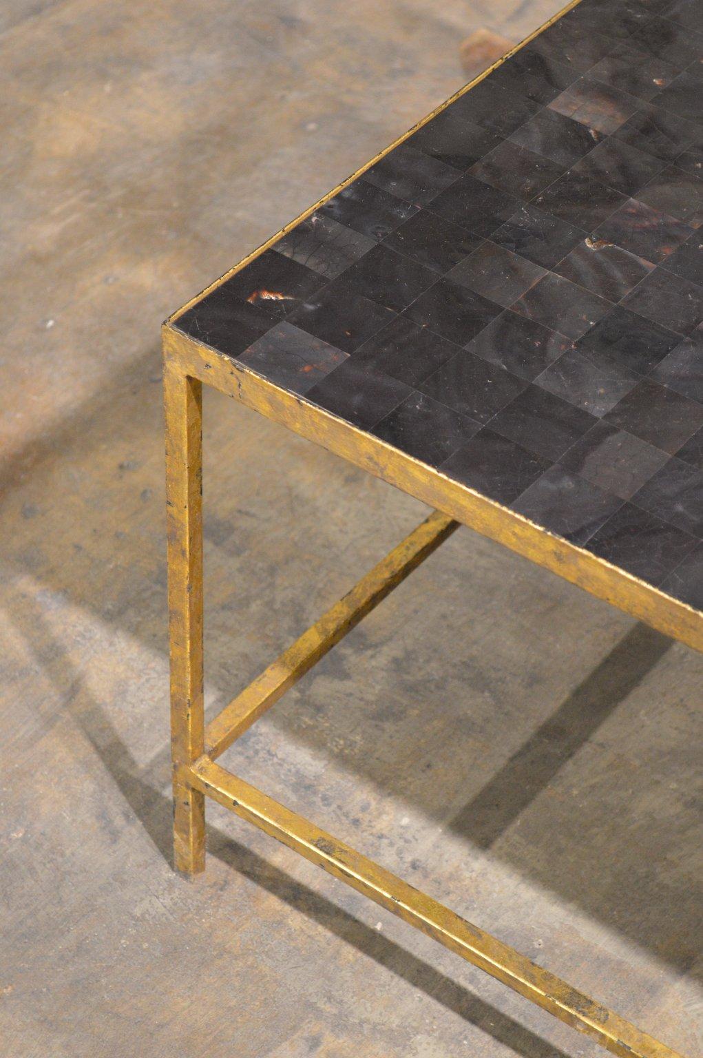 Mid-Century Tessellated Pen Shell Coffee Table on Gilded Iron Base In Good Condition In Portland, ME