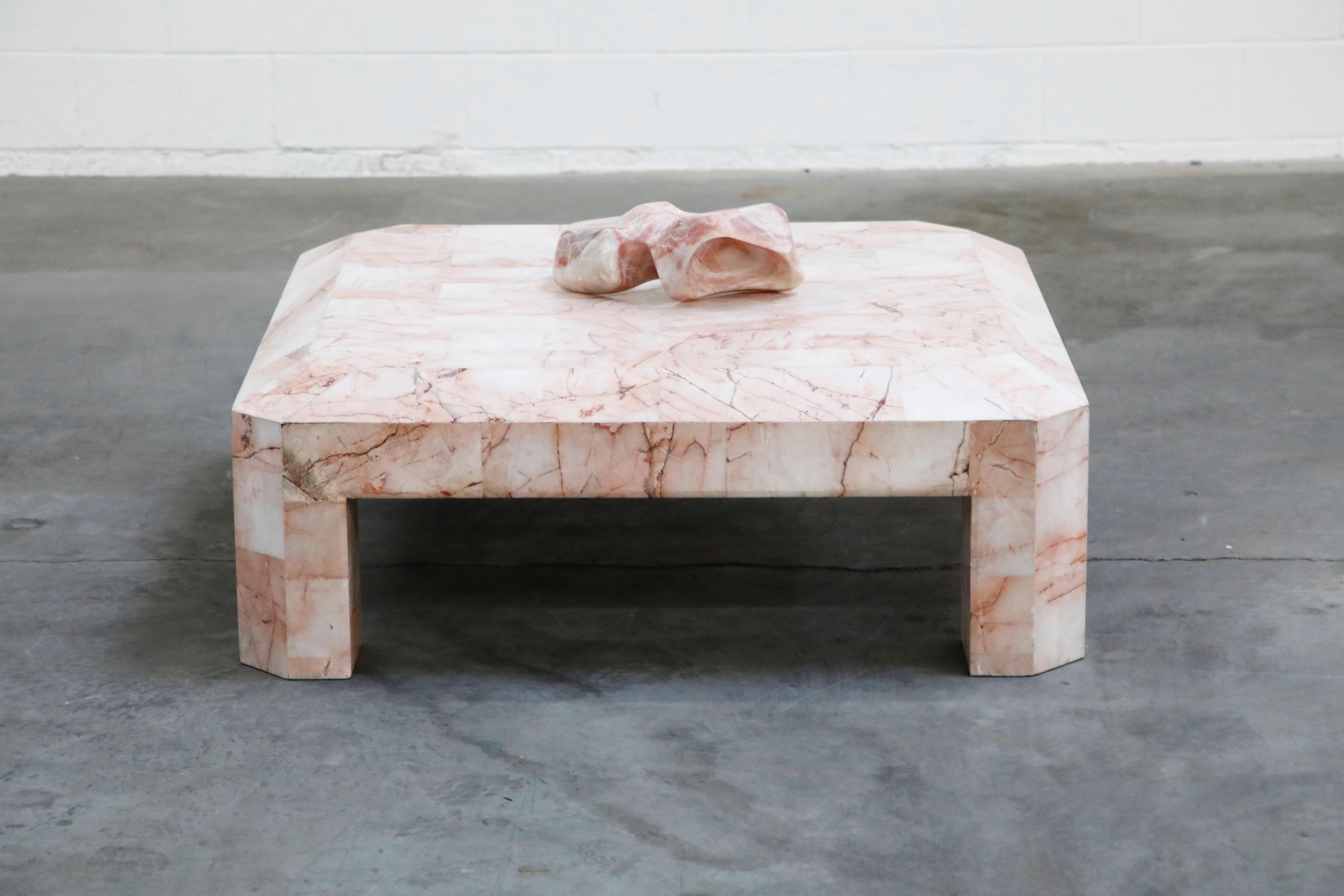Modern Tessellated Pink Onyx Coffee Table with Matching Pink Onyx Sculpture, circa 1975