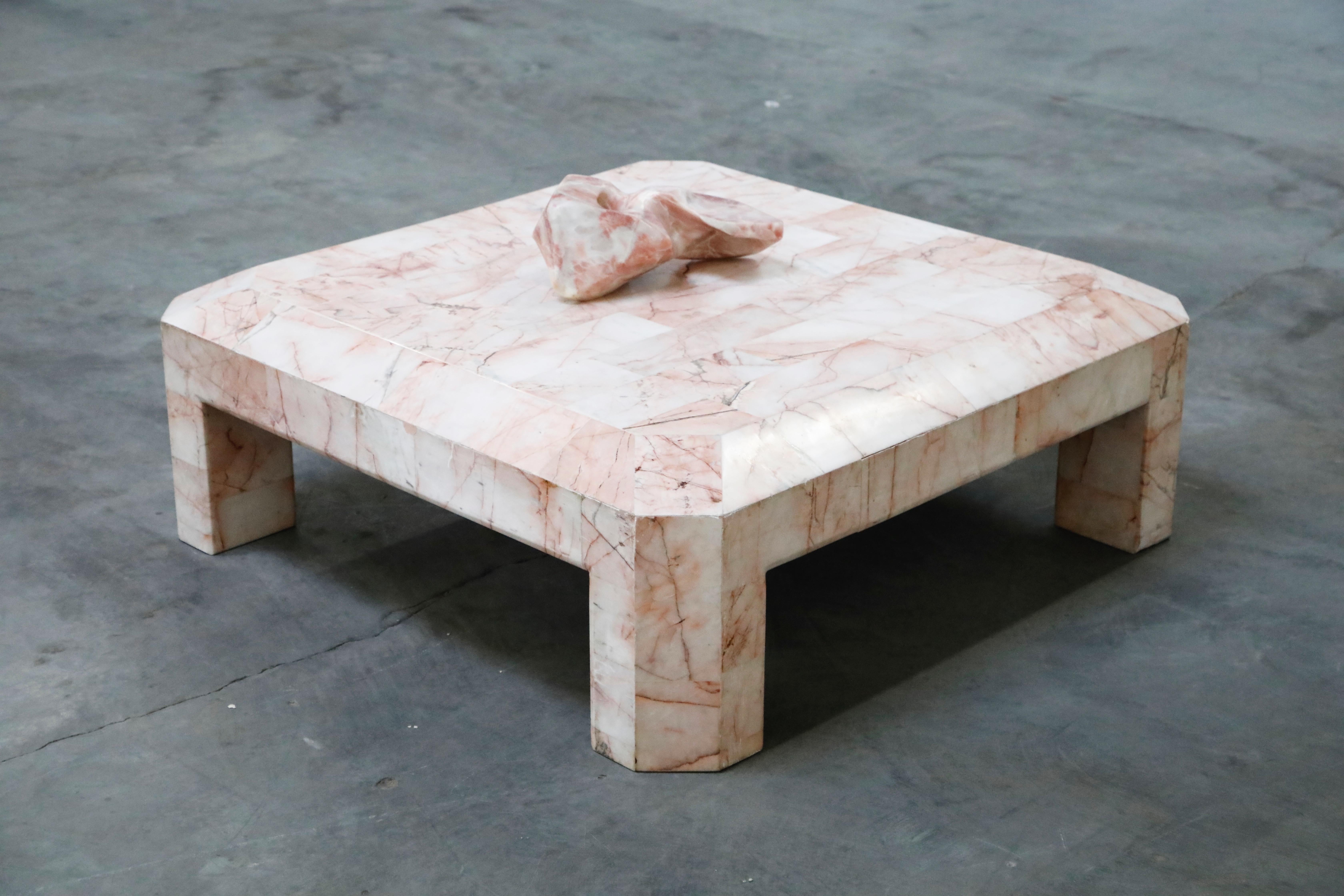 Italian Tessellated Pink Onyx Coffee Table with Matching Pink Onyx Sculpture, circa 1975