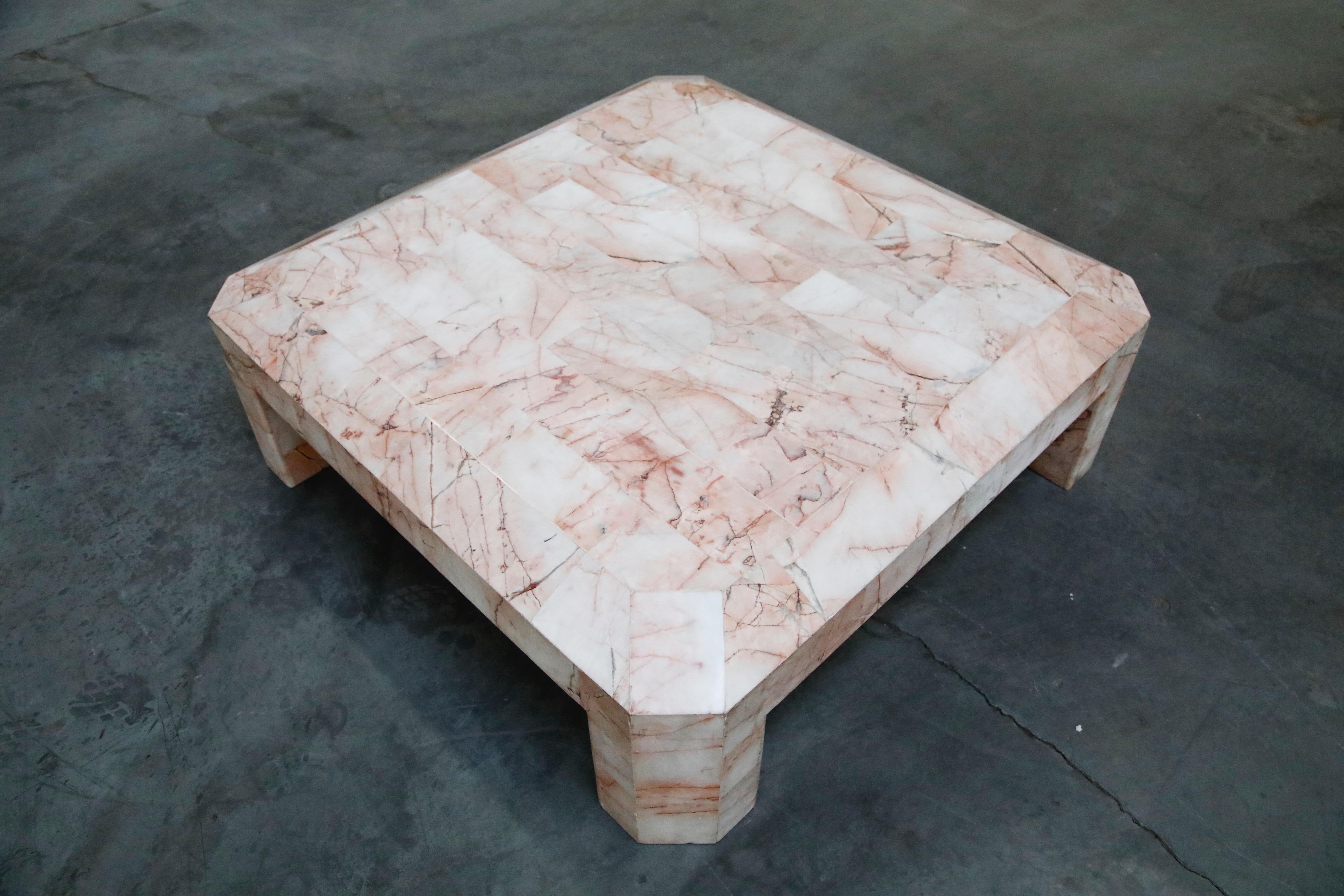 Tessellated Pink Onyx Coffee Table with Matching Pink Onyx Sculpture, circa 1975 In Good Condition In Los Angeles, CA