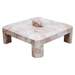 Vintage Tessellated Pink Onyx Coffee Table with Matching Pink Onyx Sculpture, circa 1975