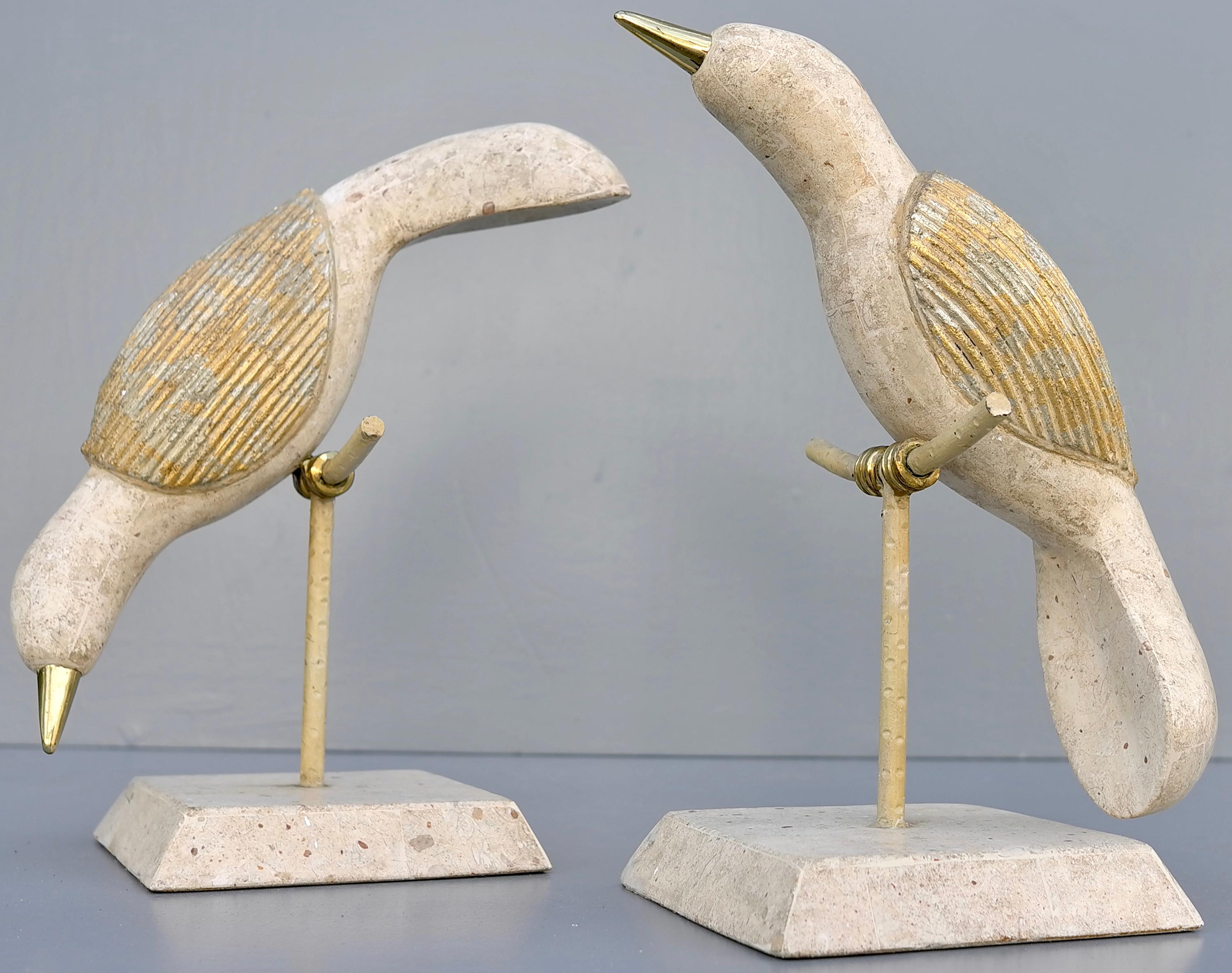 Tessellated stone and brass birds abstract sculptures by Maitland Smith 1970's.