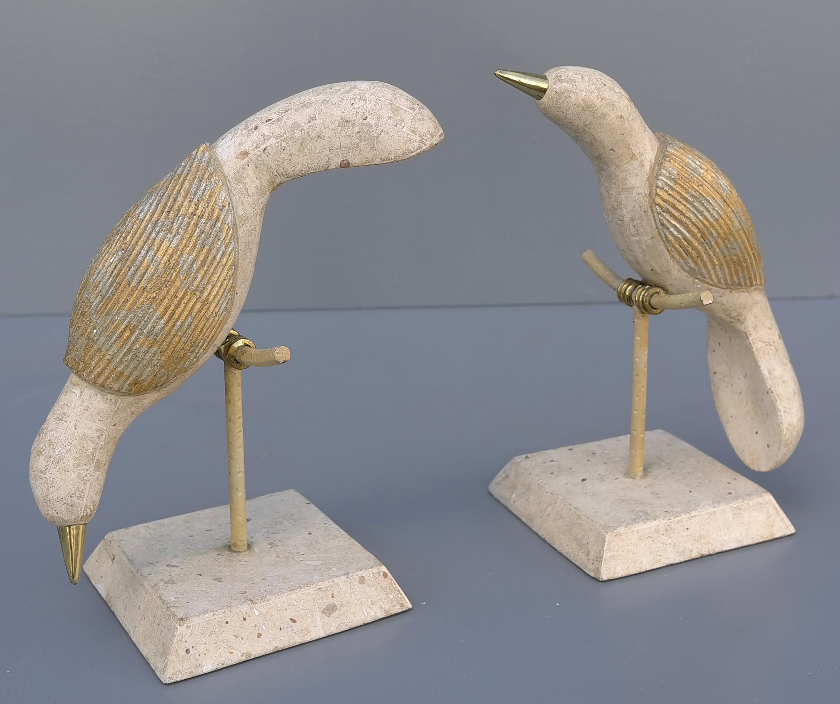 Mid-Century Modern Tessellated Stone and Brass Birds Abstract Sculptures by Maitland Smith 1970's For Sale