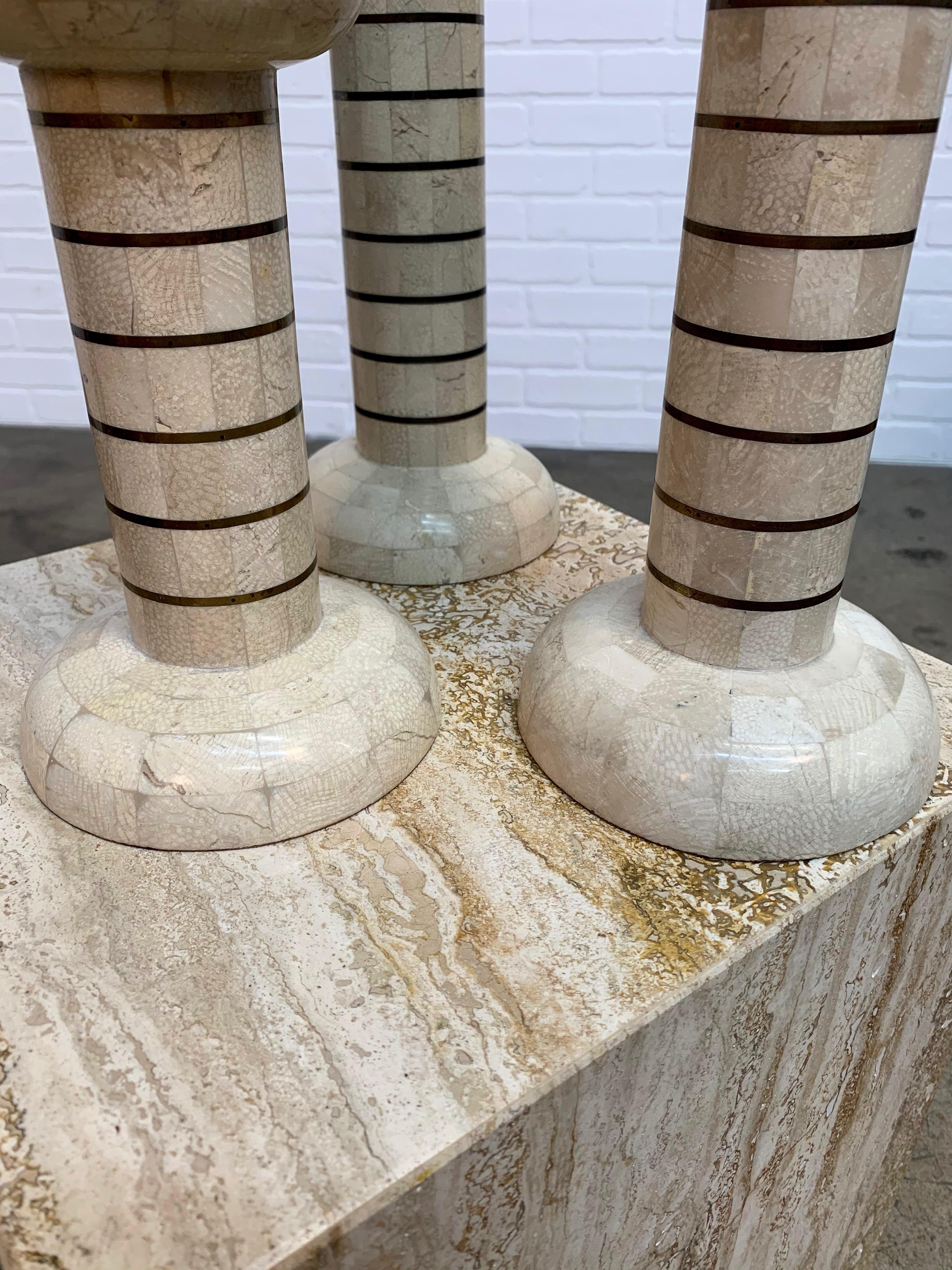 Tessellated Stone and Brass Candlesticks For Sale 5