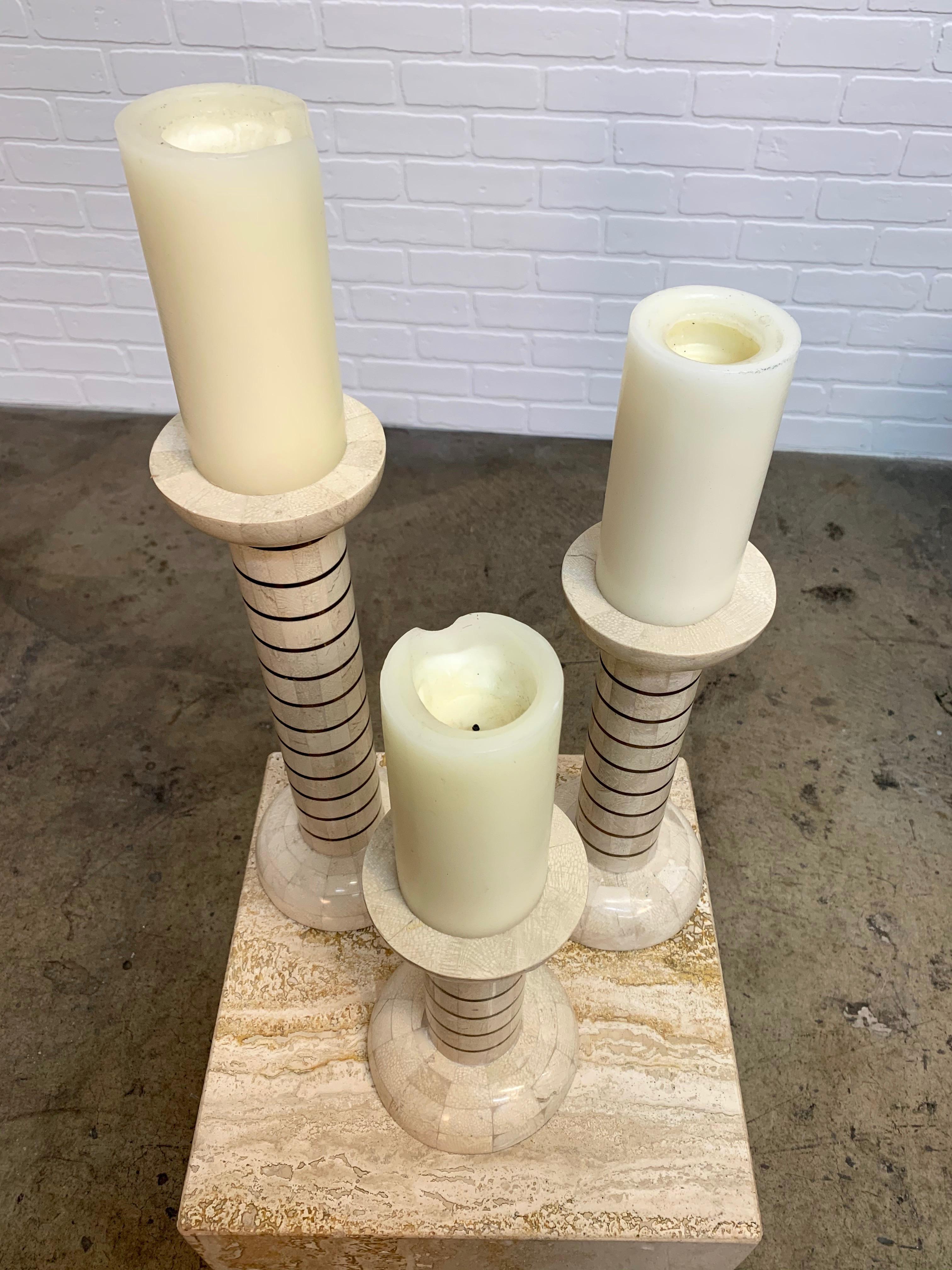 Tessellated Stone and Brass Candlesticks For Sale 7