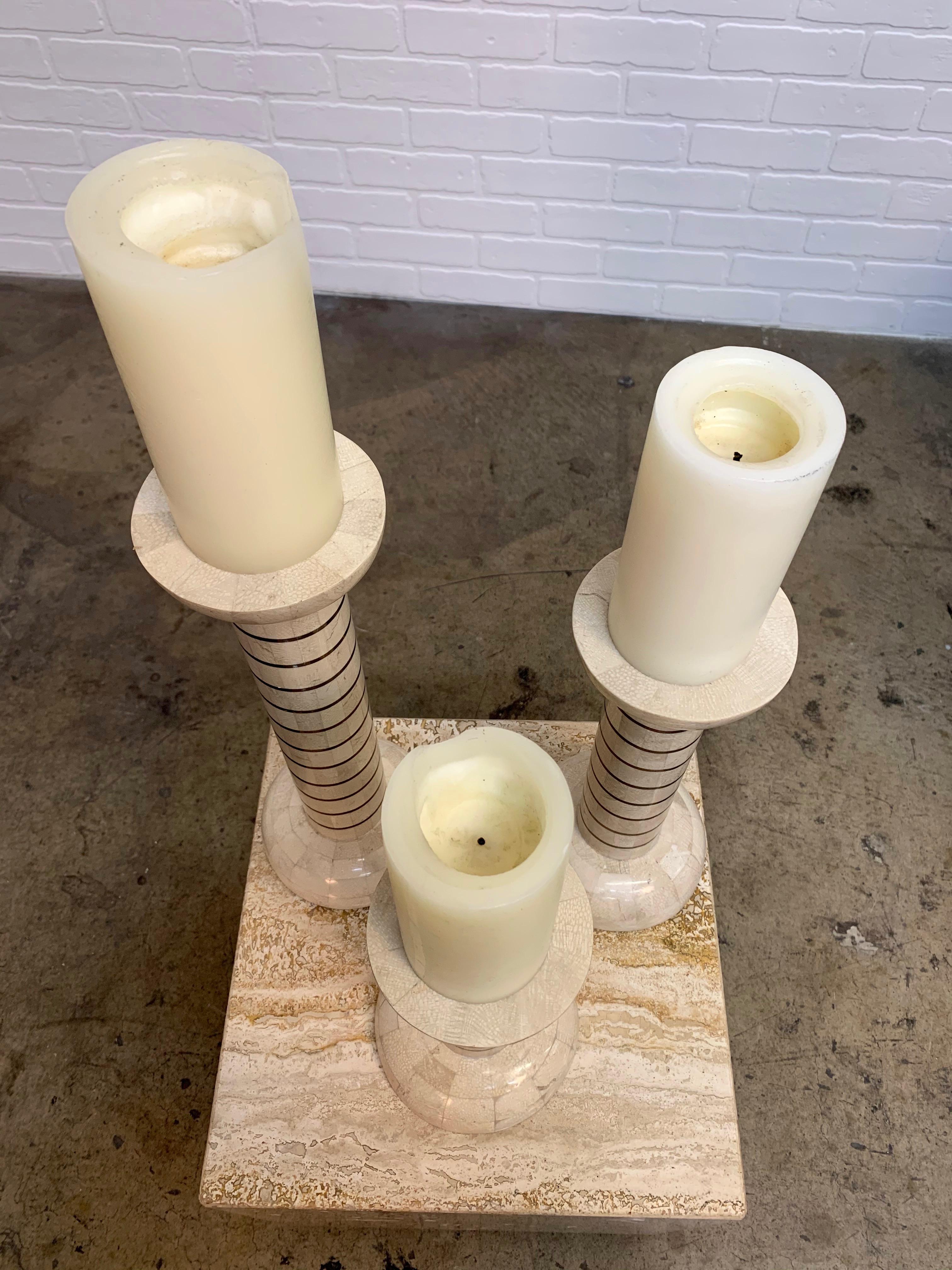 Tessellated Stone and Brass Candlesticks For Sale 8