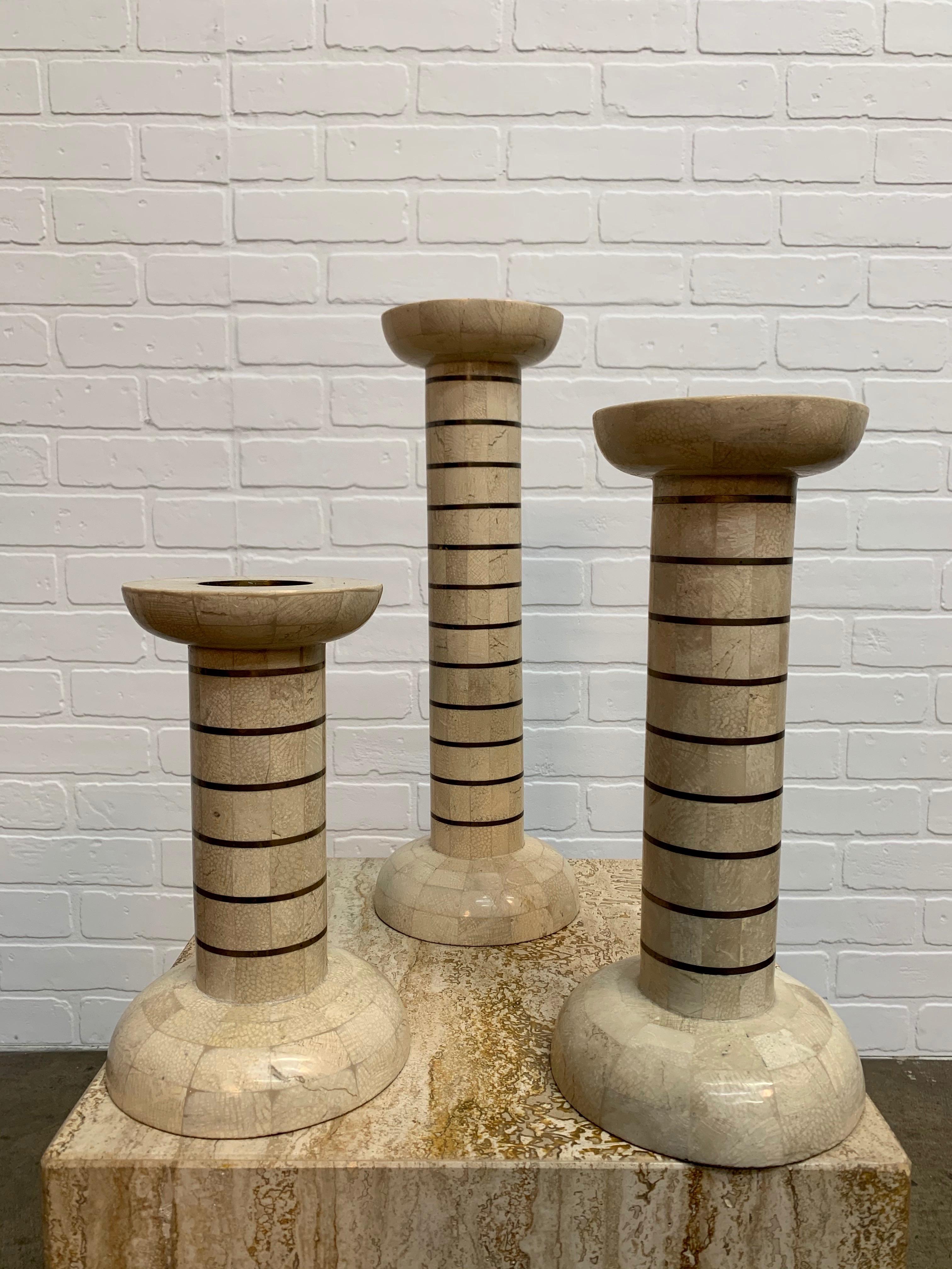 Tessellated Stone and Brass Candlesticks For Sale 9