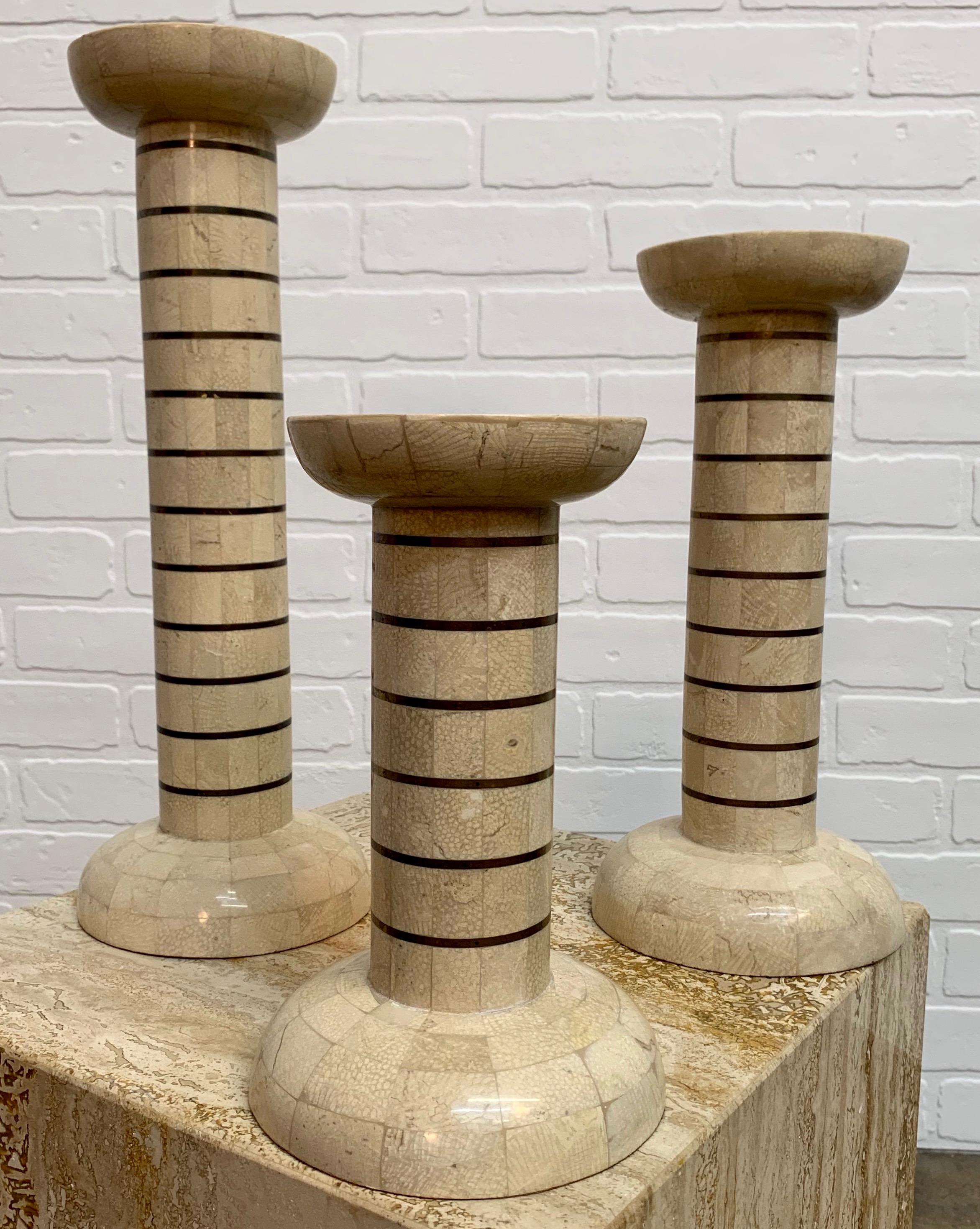 Tessellated Stone and Brass Candlesticks For Sale 10