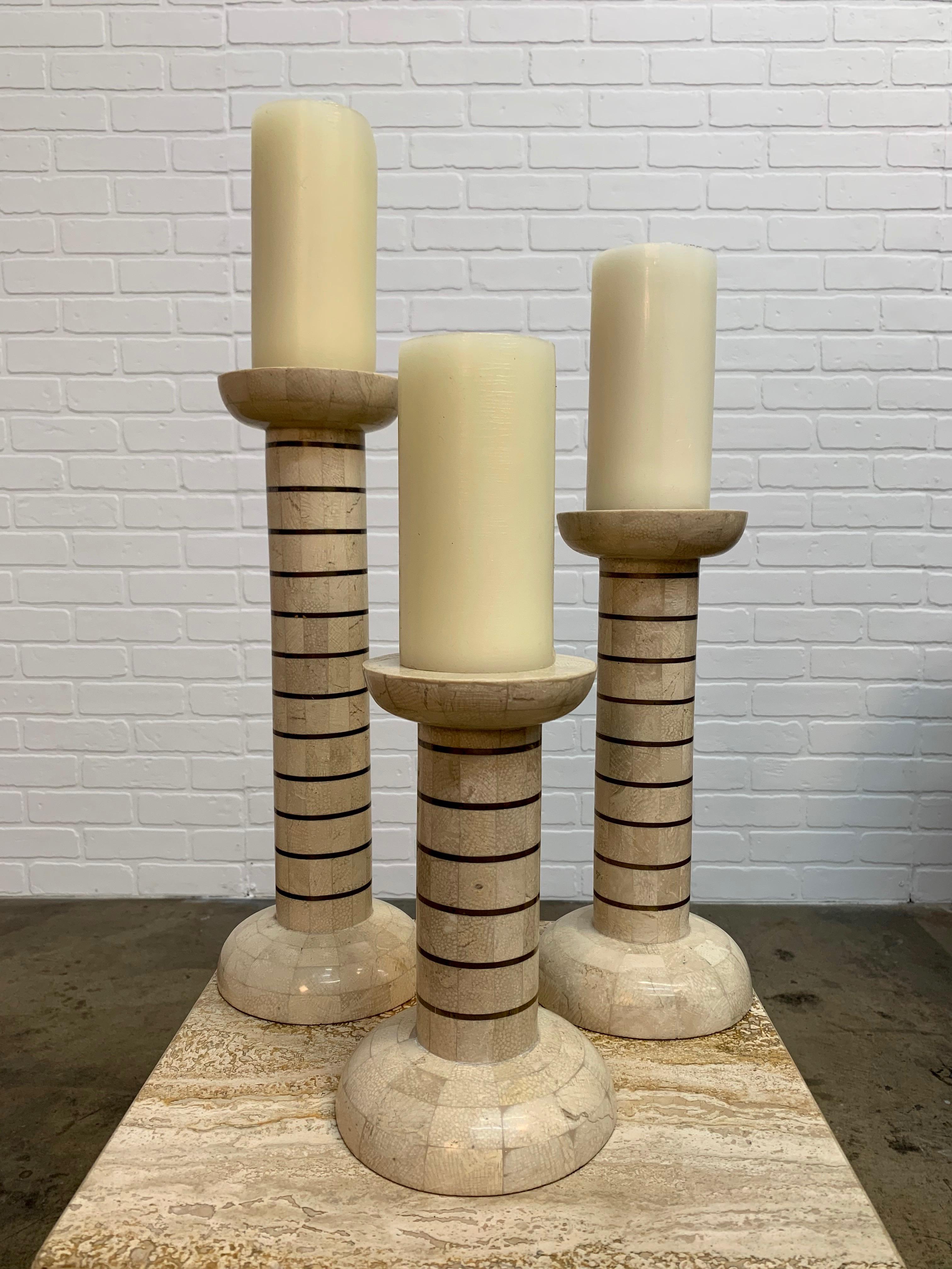 Modern Tessellated Stone and Brass Candlesticks For Sale