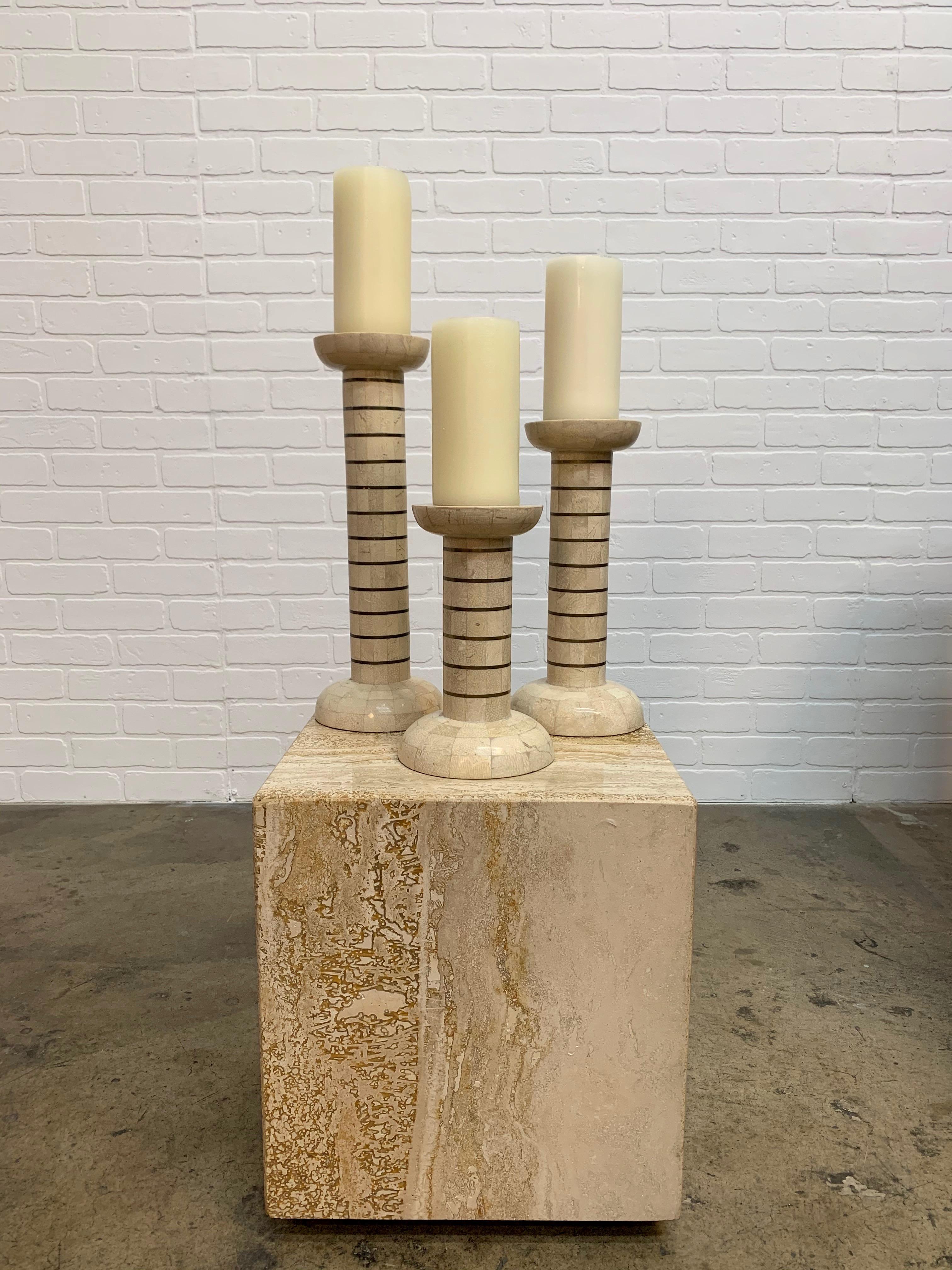 Philippine Tessellated Stone and Brass Candlesticks For Sale