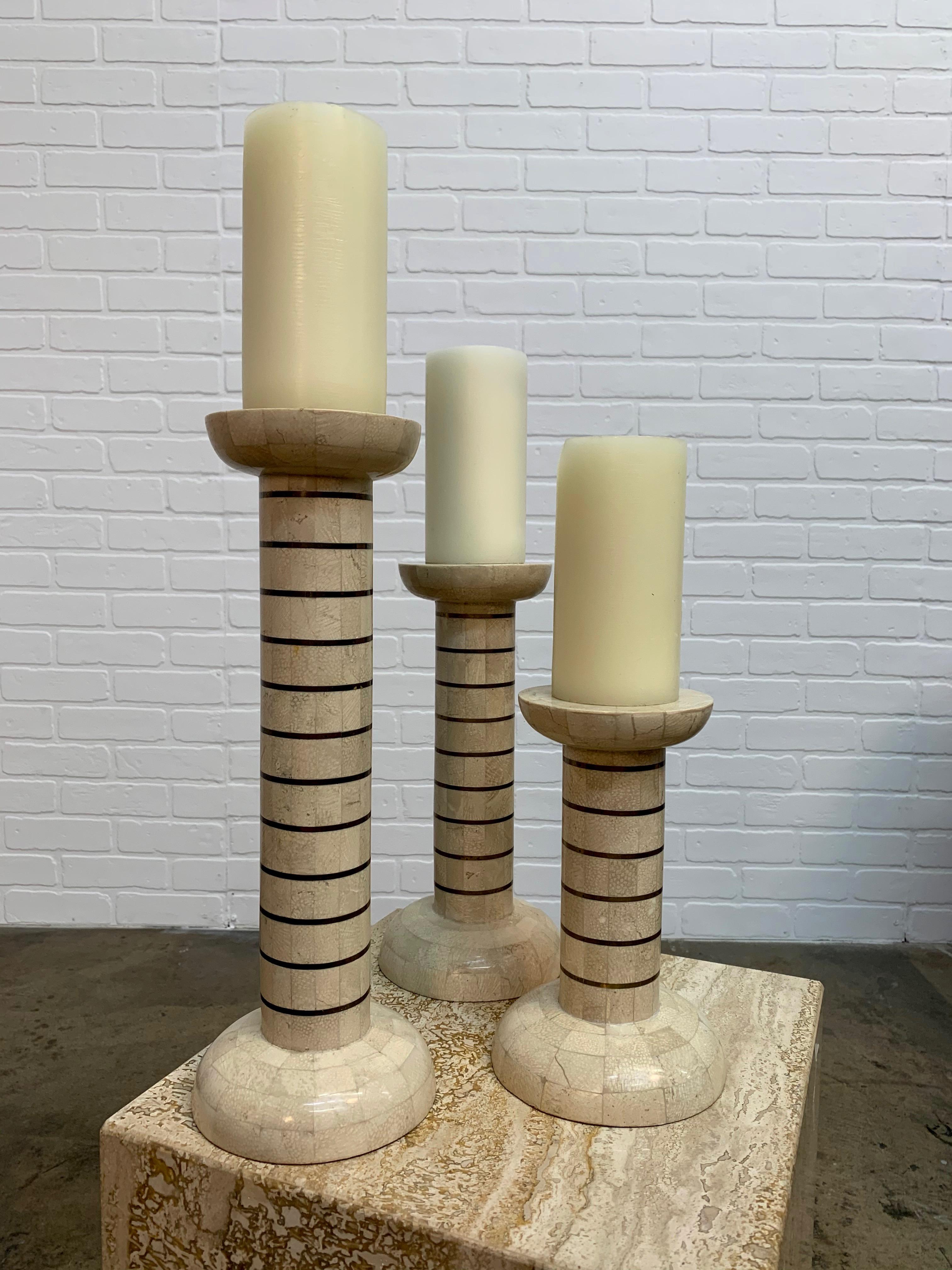Tessellated Stone and Brass Candlesticks In Good Condition For Sale In Denton, TX