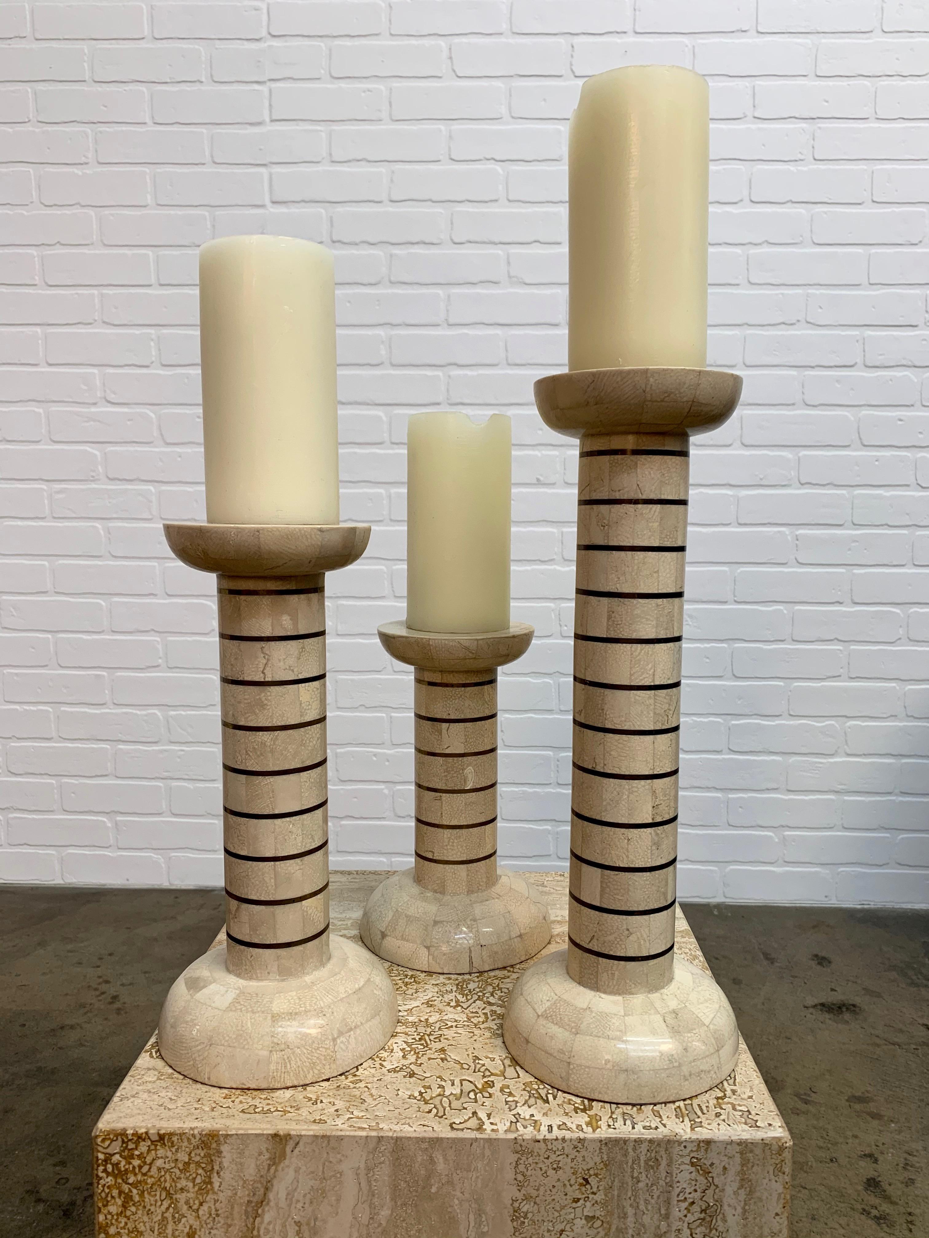 20th Century Tessellated Stone and Brass Candlesticks For Sale