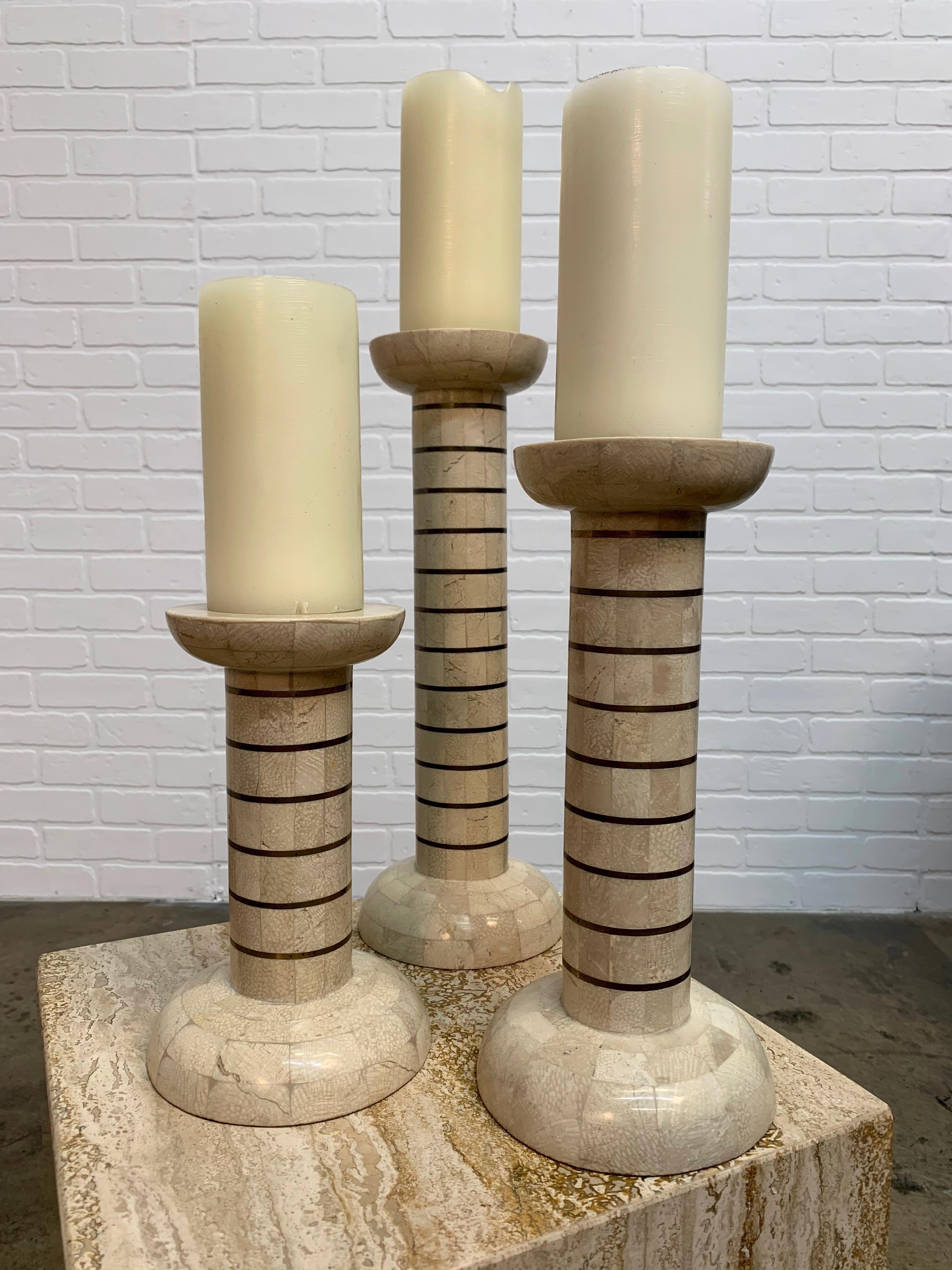Tessellated Stone and Brass Candlesticks For Sale 1