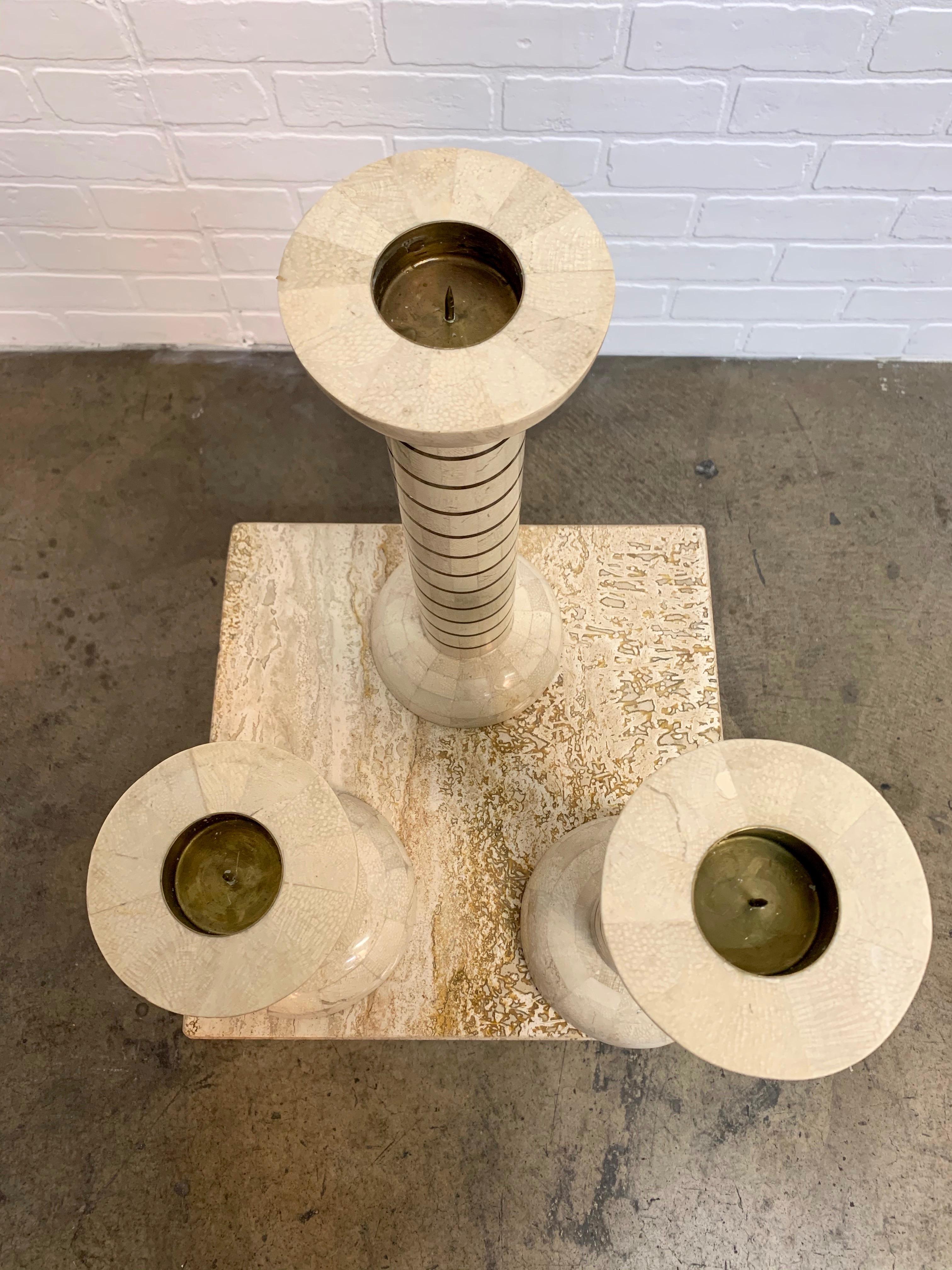 Tessellated Stone and Brass Candlesticks For Sale 2