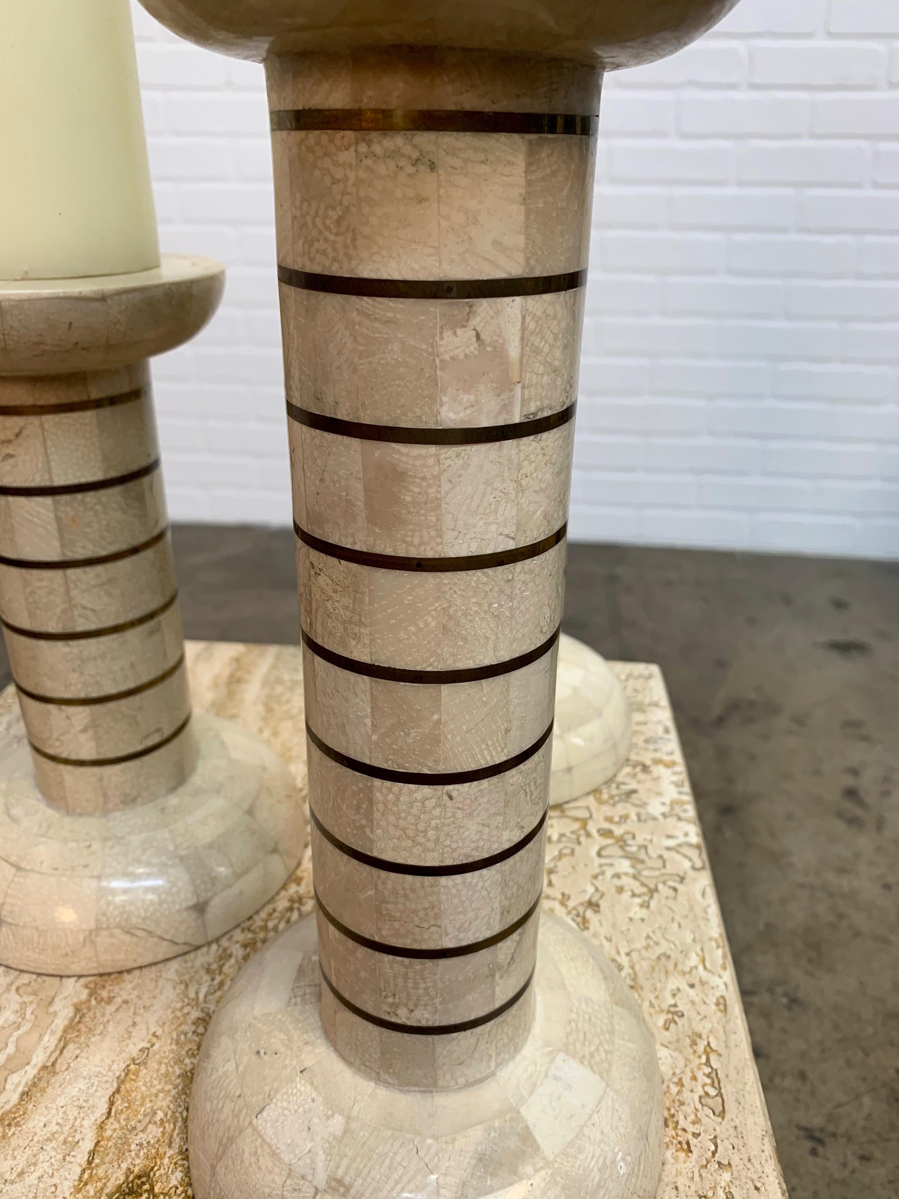 Tessellated Stone and Brass Candlesticks For Sale 3