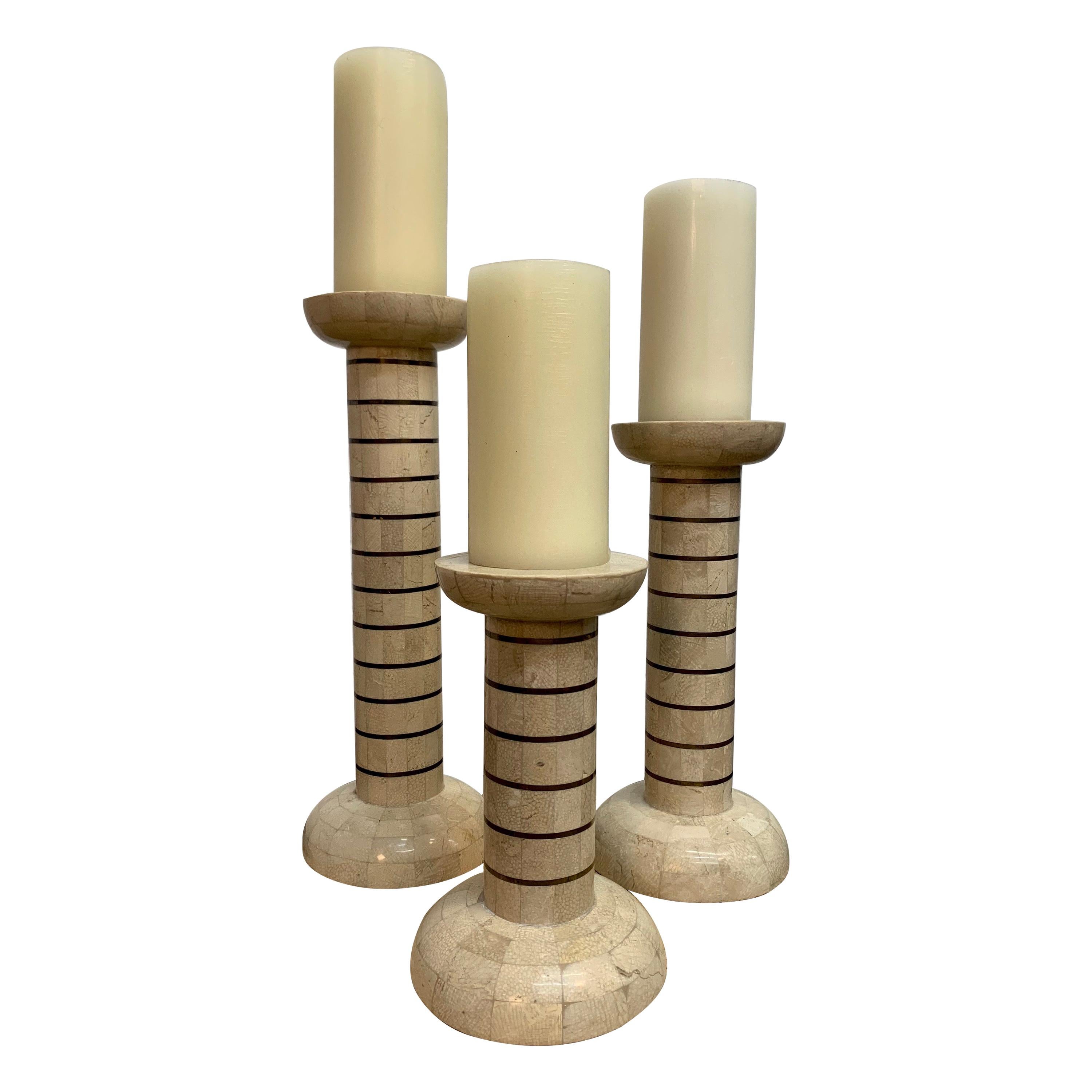 Tessellated Stone and Brass Candlesticks For Sale