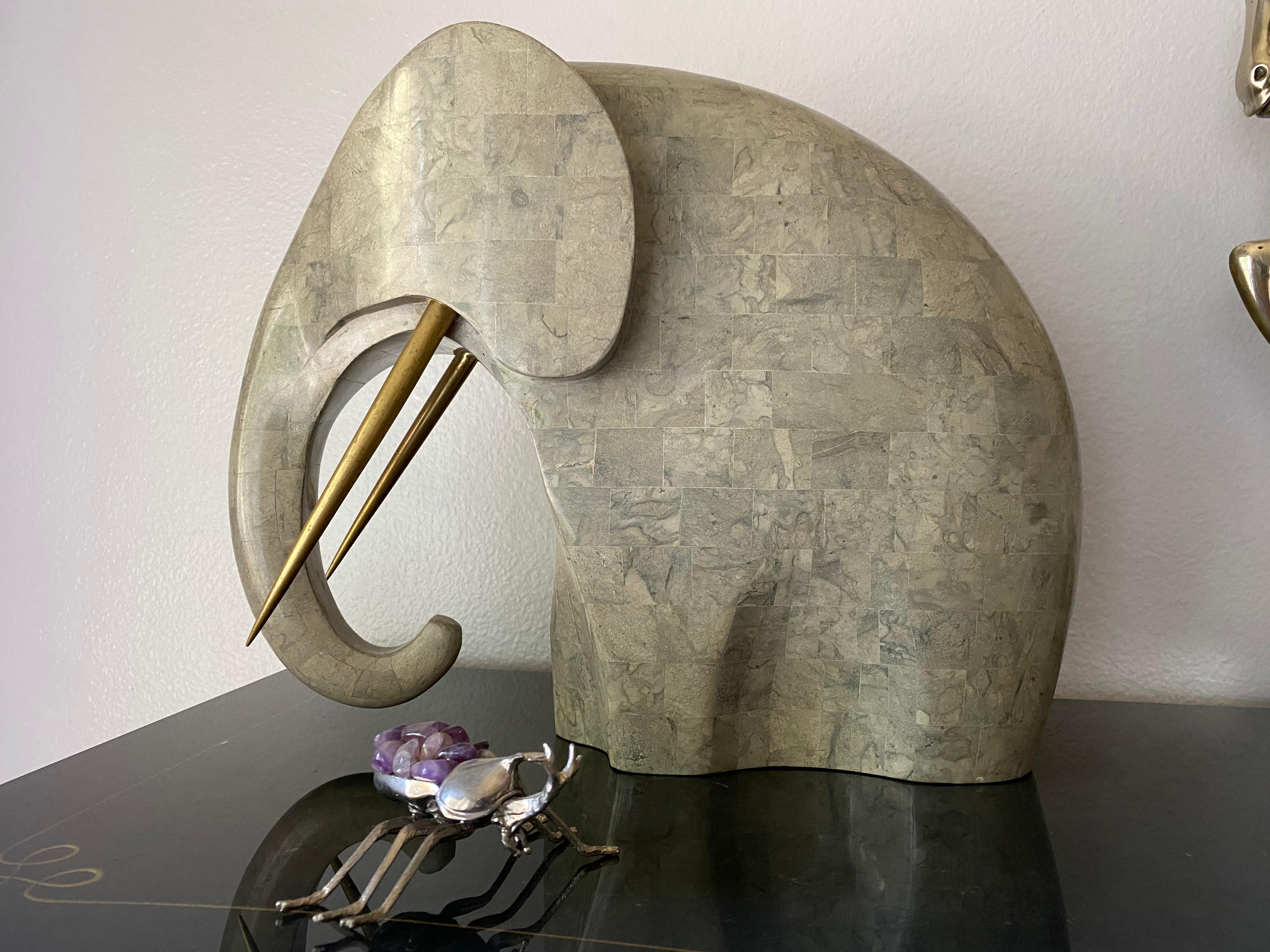Tessellated stone and brass elephant sculpture attributed to Maitland Smith.