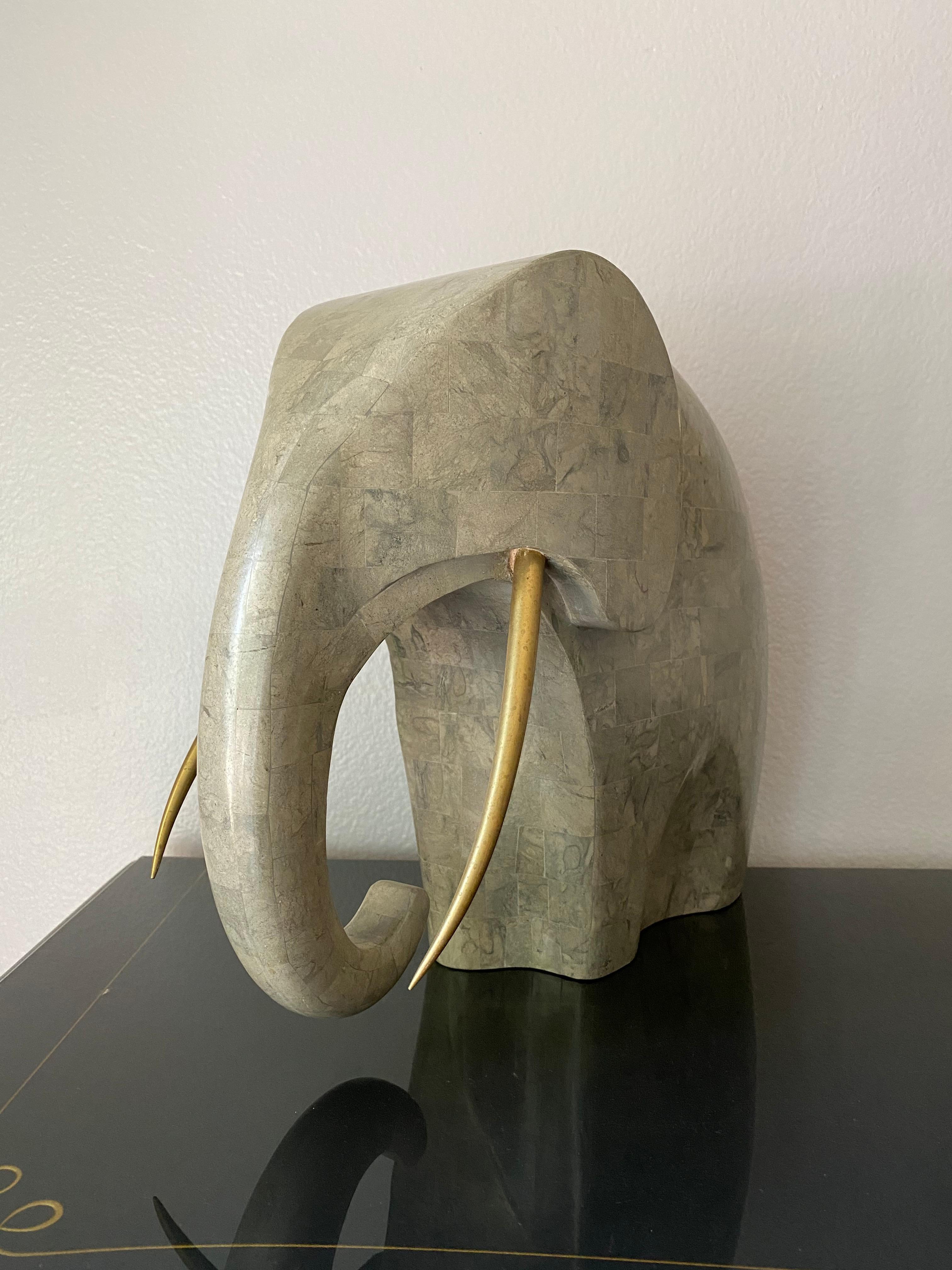 Post-Modern Tessellated Stone and Brass Elephant Sculpture
