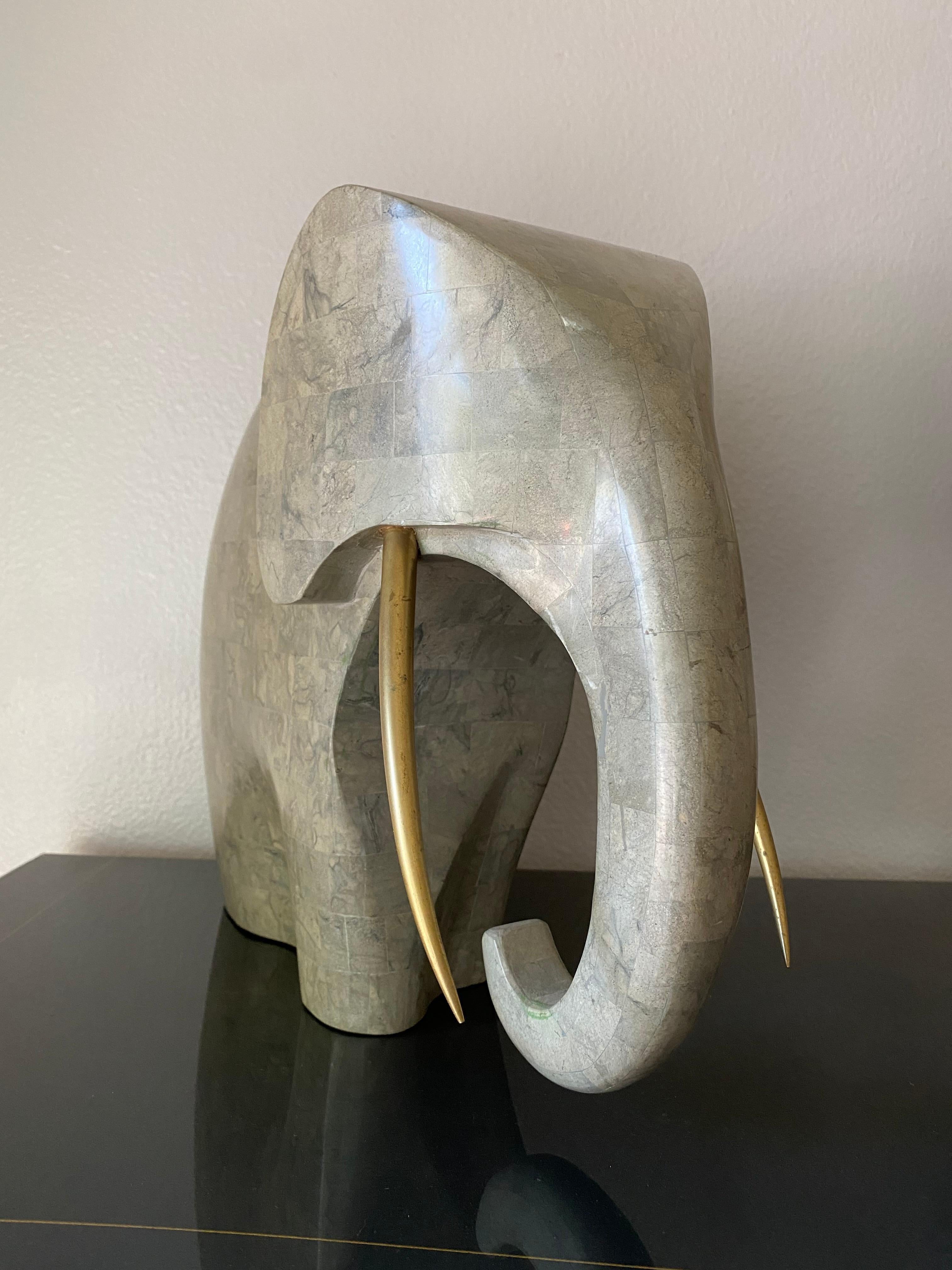 Tessellated Stone and Brass Elephant Sculpture In Good Condition In North Hollywood, CA