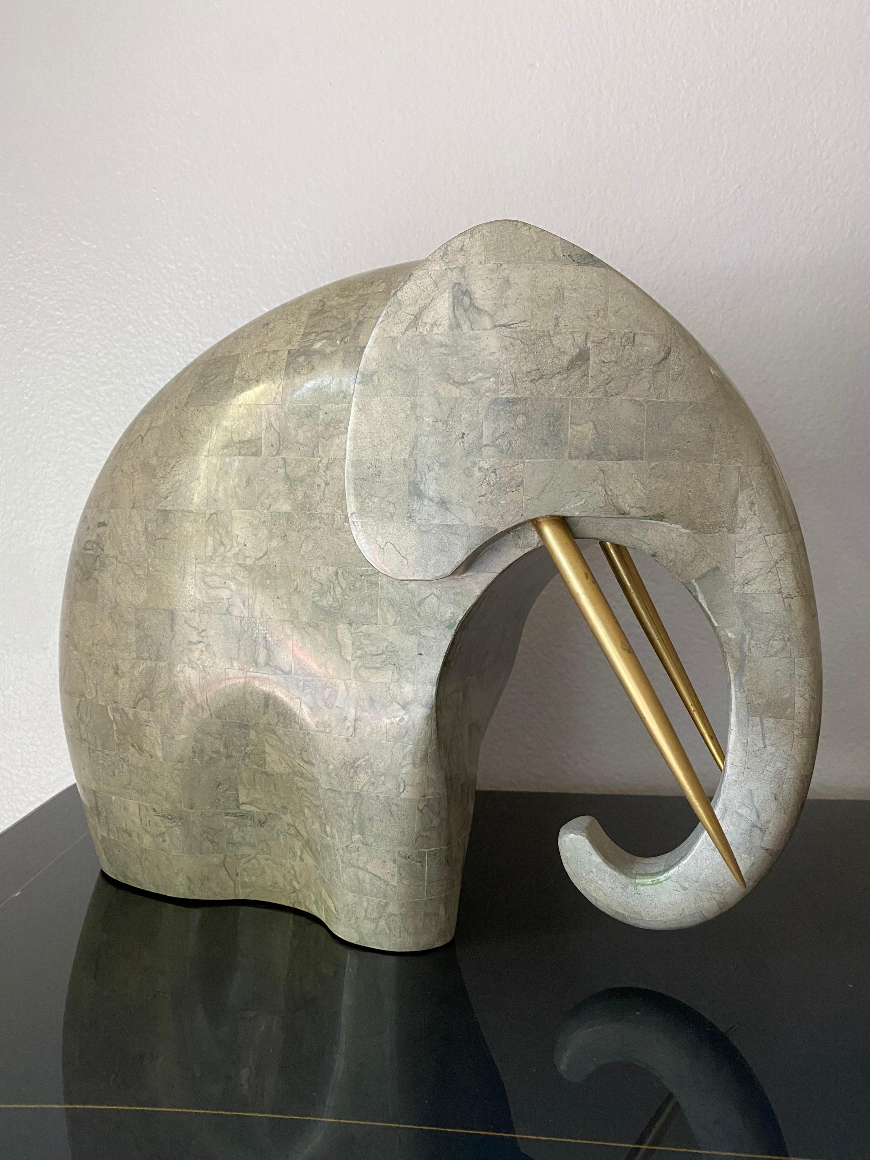 Post-Modern Tessellated Stone and Brass Elephant Sculpture