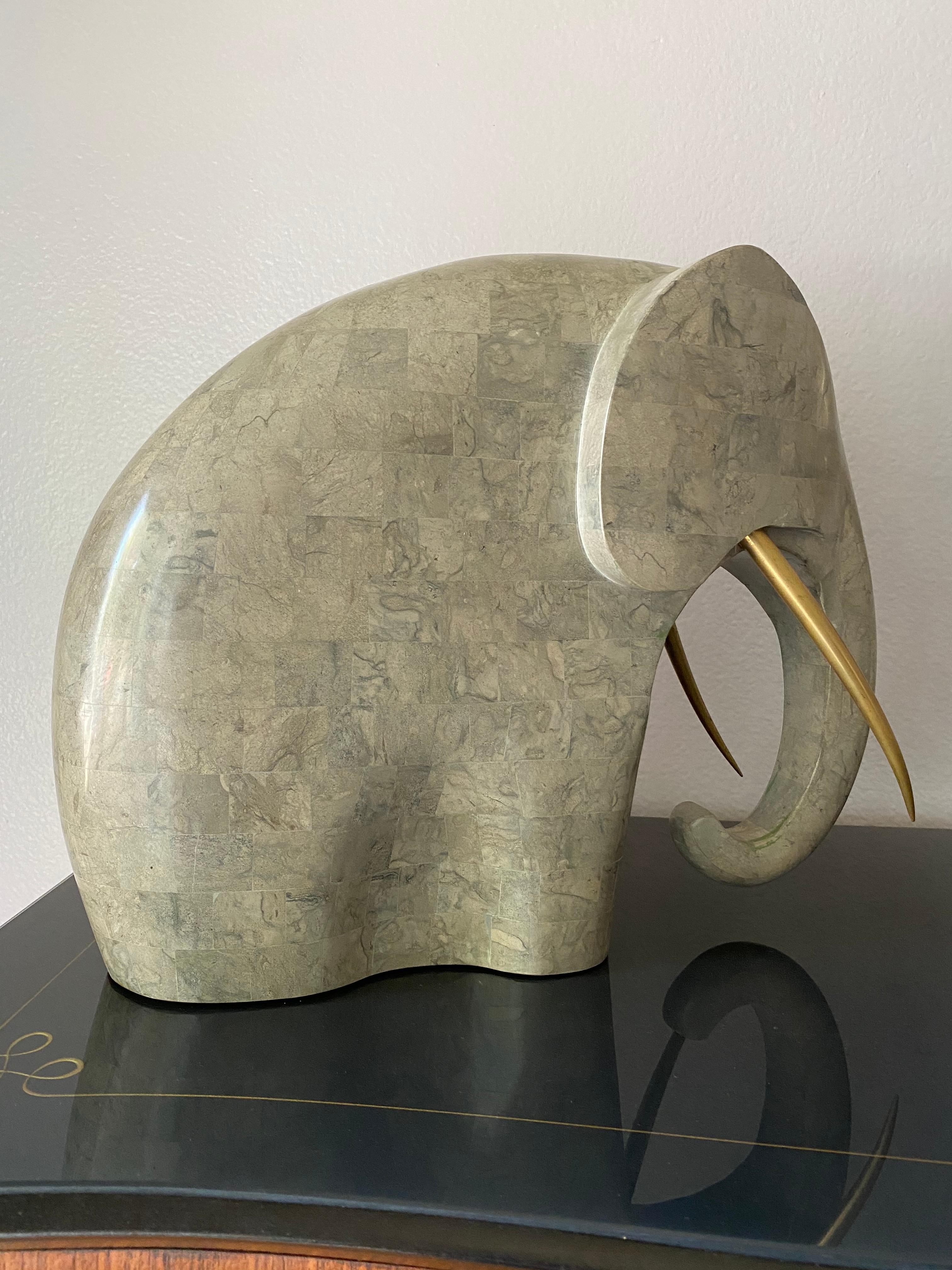 Tessellated Stone and Brass Elephant Sculpture 1