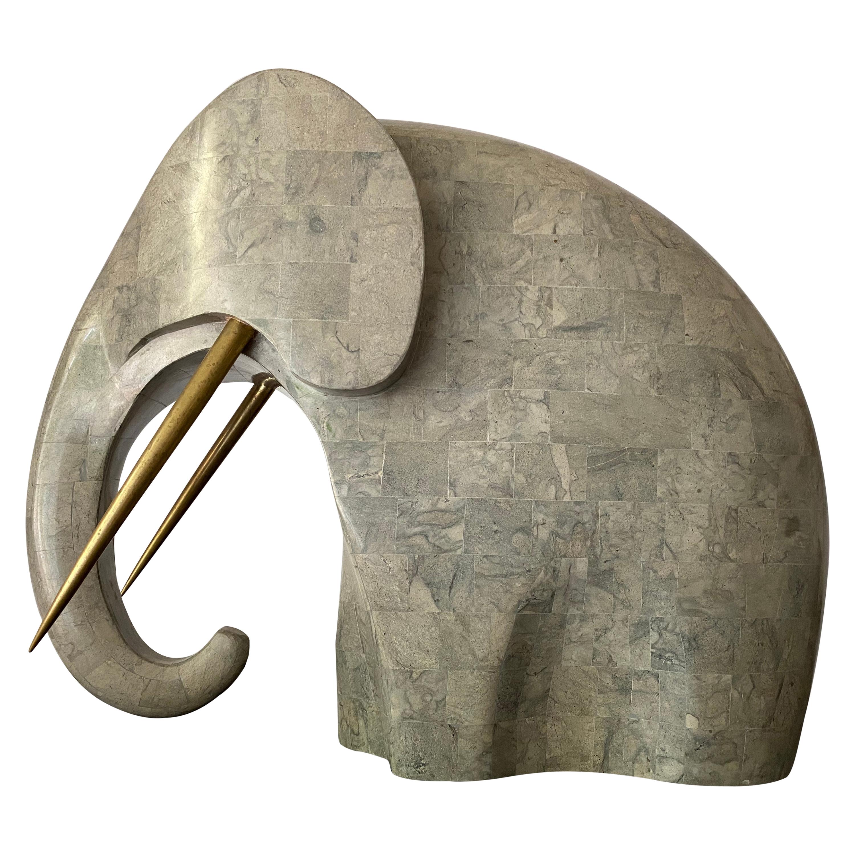 Tessellated Stone and Brass Elephant Sculpture