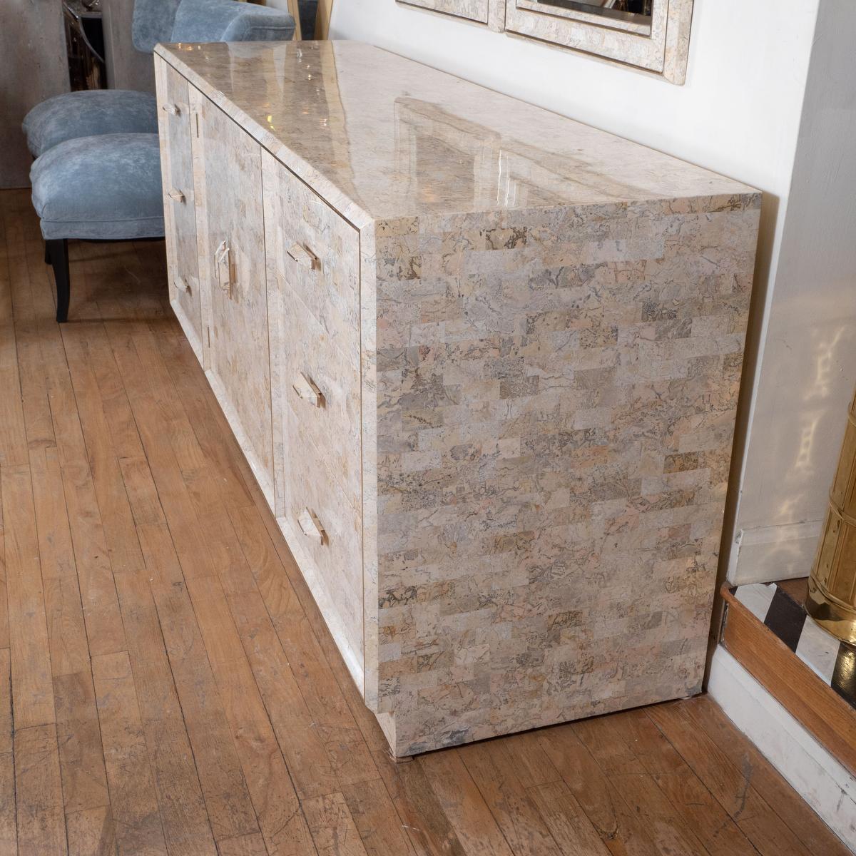 Mid-Century Modern Tessellated stone and brass sideboard.
