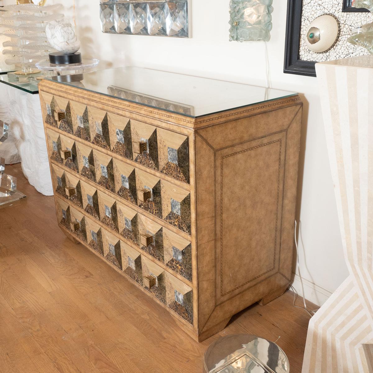 Mid-Century Modern Tessellated stone and leather chest For Sale