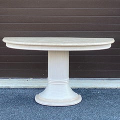 Tessellated Stone and Pencil Reed Rattan Demilune Console Table & Mirror Set