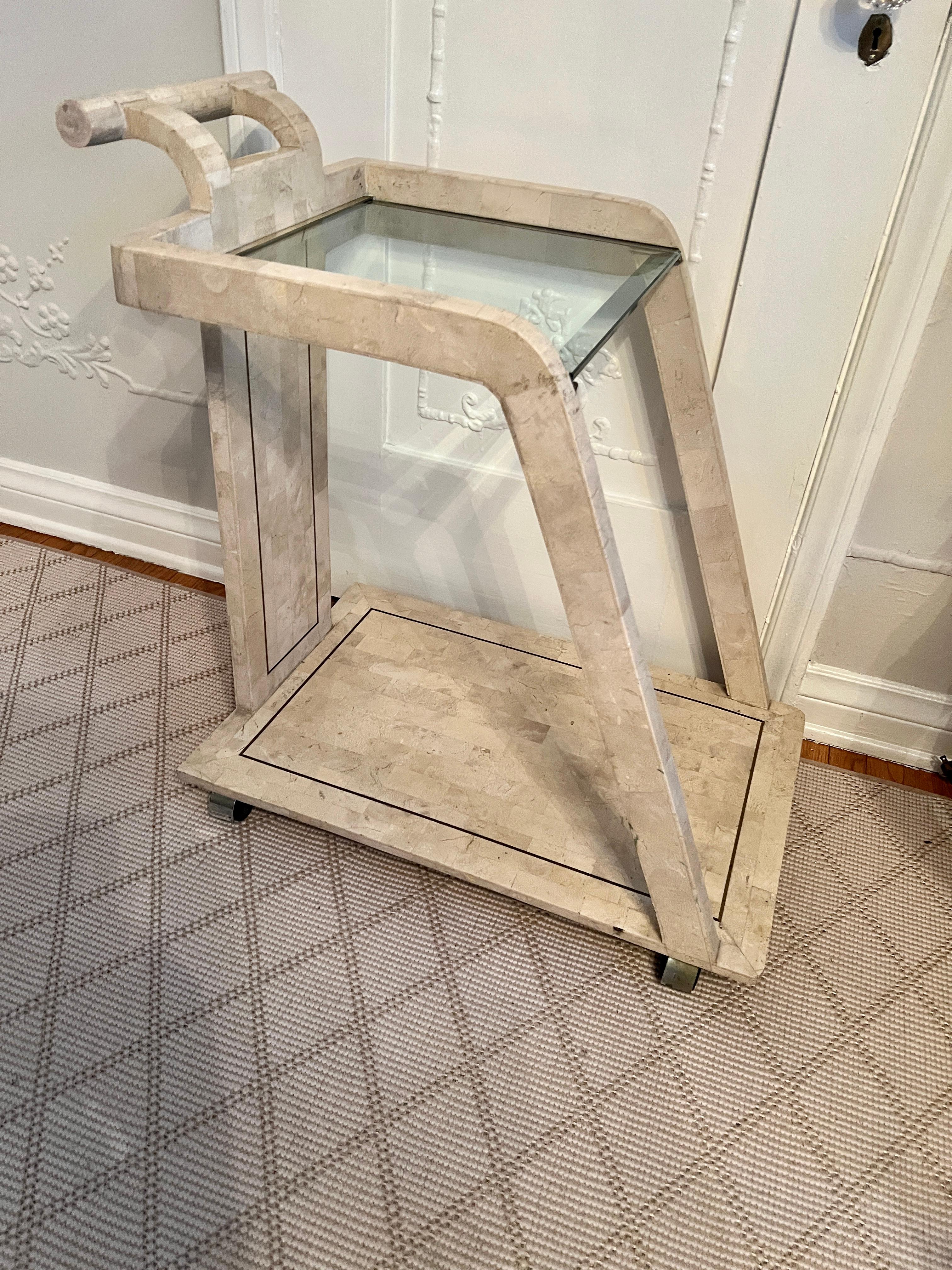 Tessellated Stone Bar or Tea Cart with Brass Trim in the style Maitland Smith For Sale 6