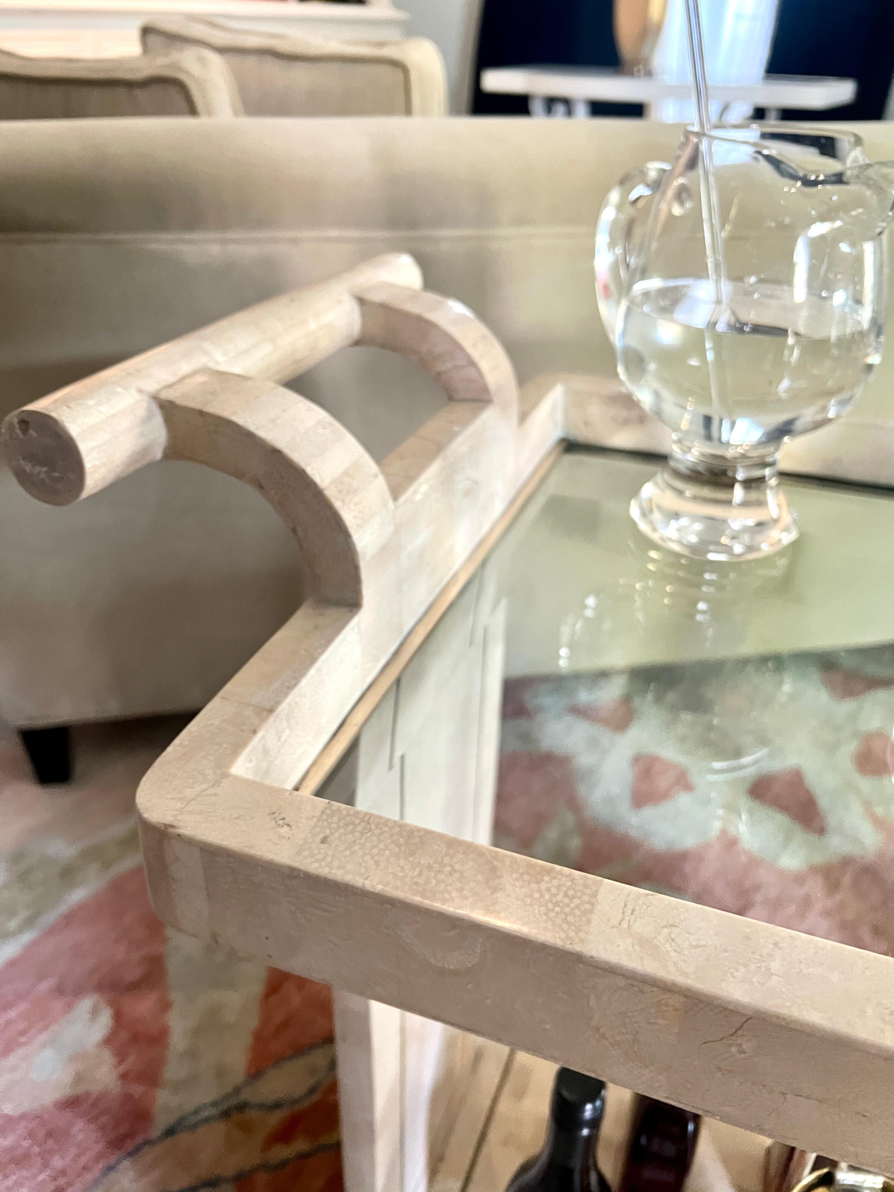Tessellated Stone Bar or Tea Cart with Brass Trim in the style Maitland Smith For Sale 8