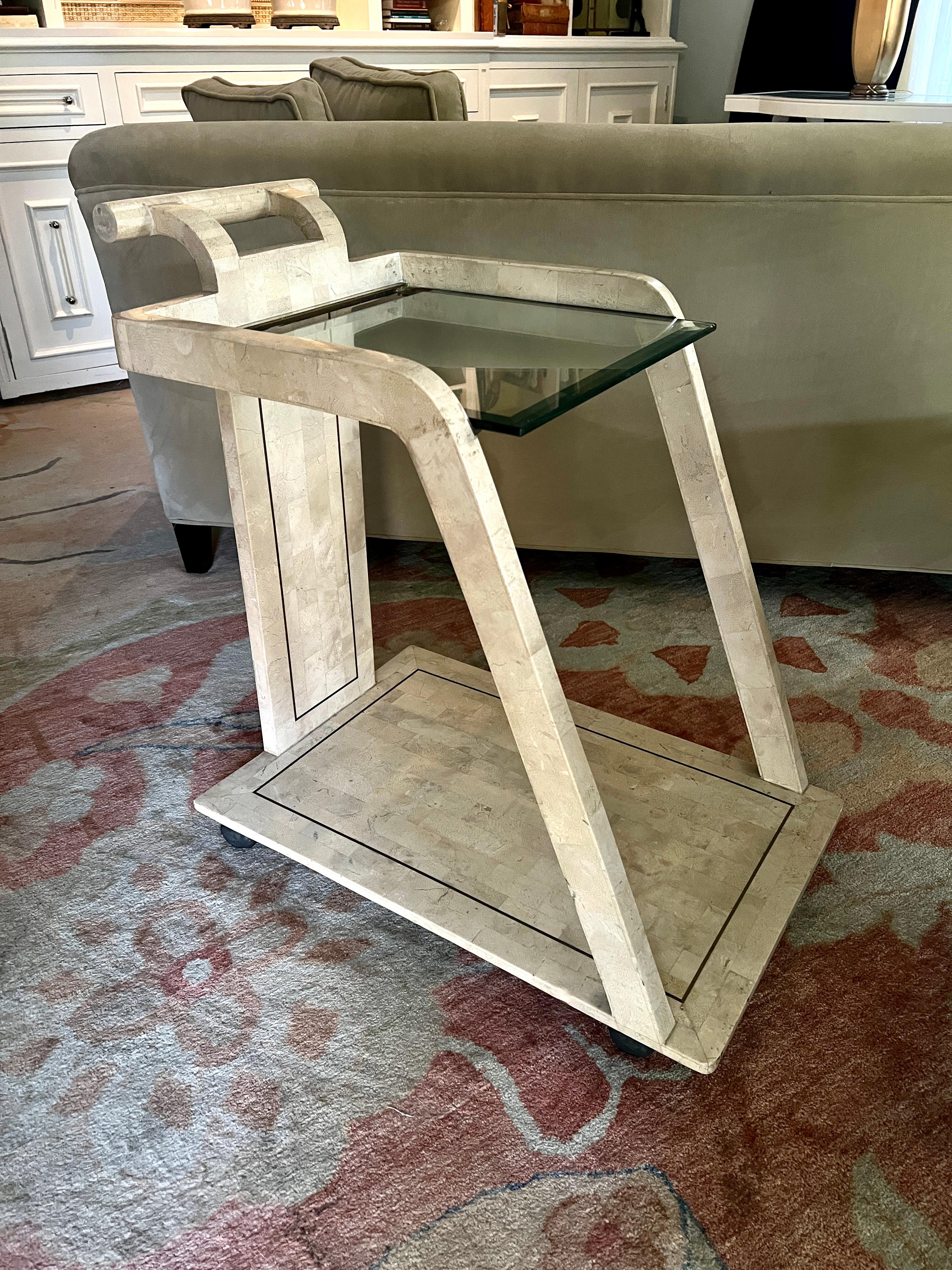 Tessellated Stone Bar or Tea Cart with Brass Trim in the style Maitland Smith For Sale 11