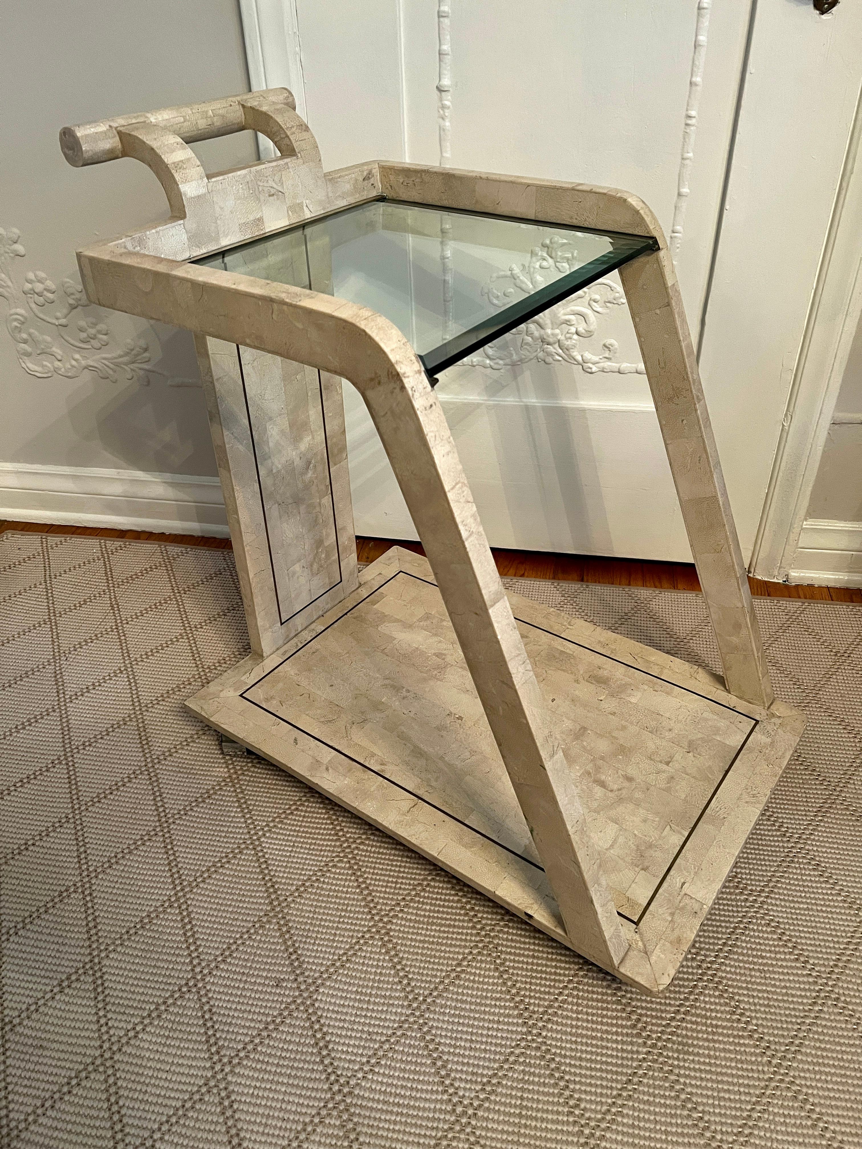 Mid-Century Modern Tessellated Stone Bar or Tea Cart with Brass Trim in the style Maitland Smith For Sale