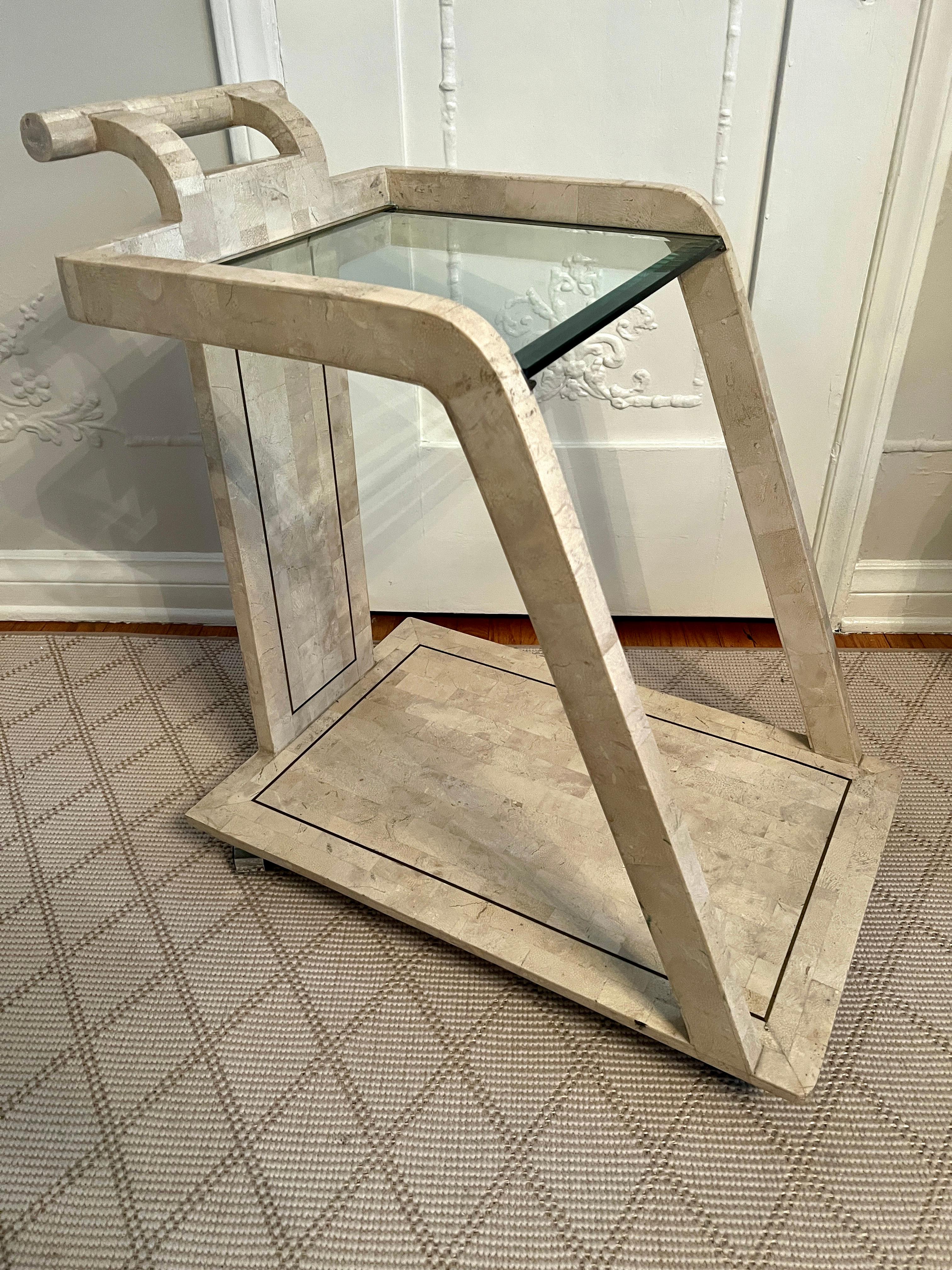 Hand-Carved Tessellated Stone Bar or Tea Cart with Brass Trim in the style Maitland Smith For Sale