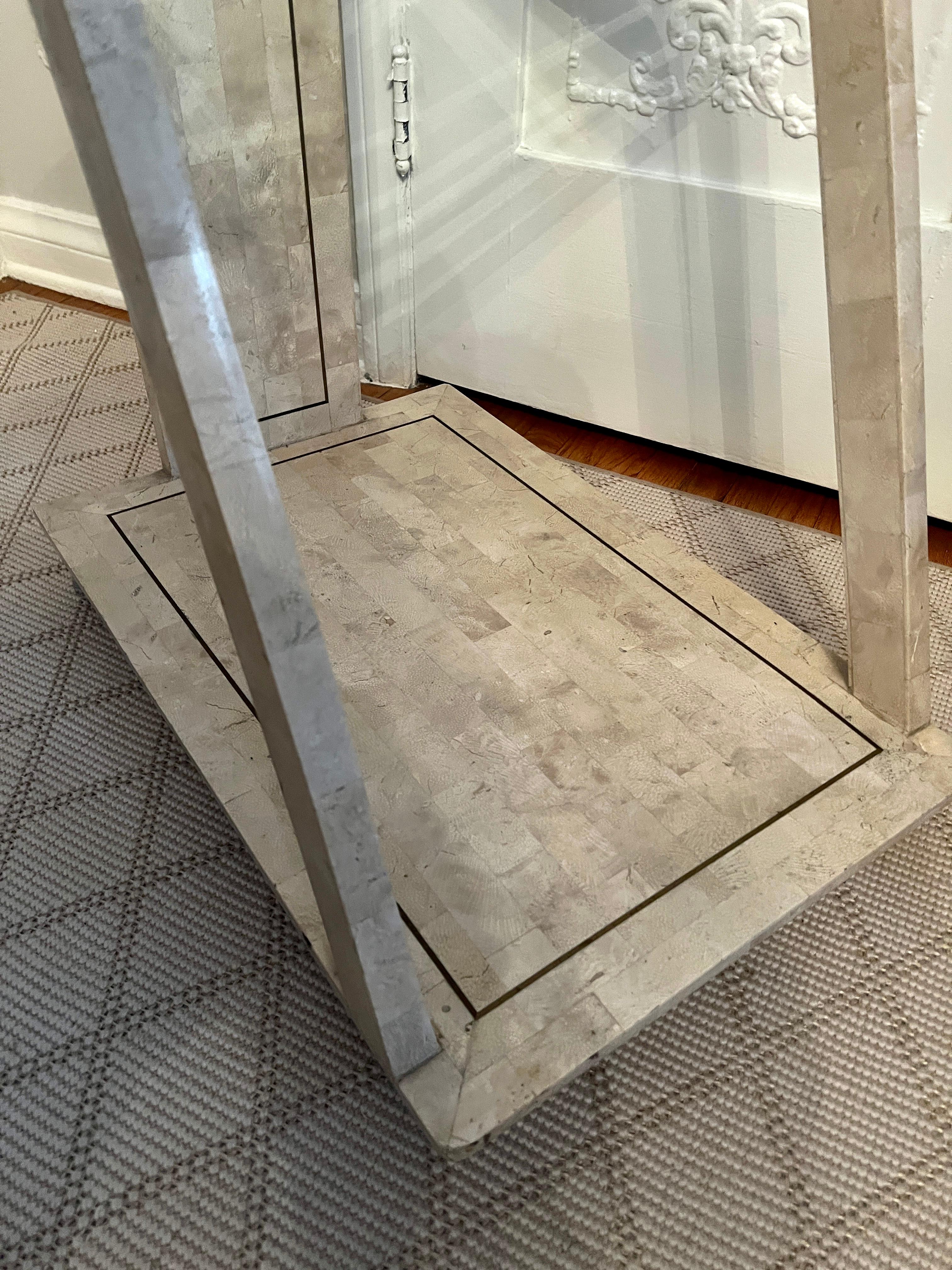 Tessellated Stone Bar or Tea Cart with Brass Trim in the style Maitland Smith In Good Condition For Sale In Los Angeles, CA