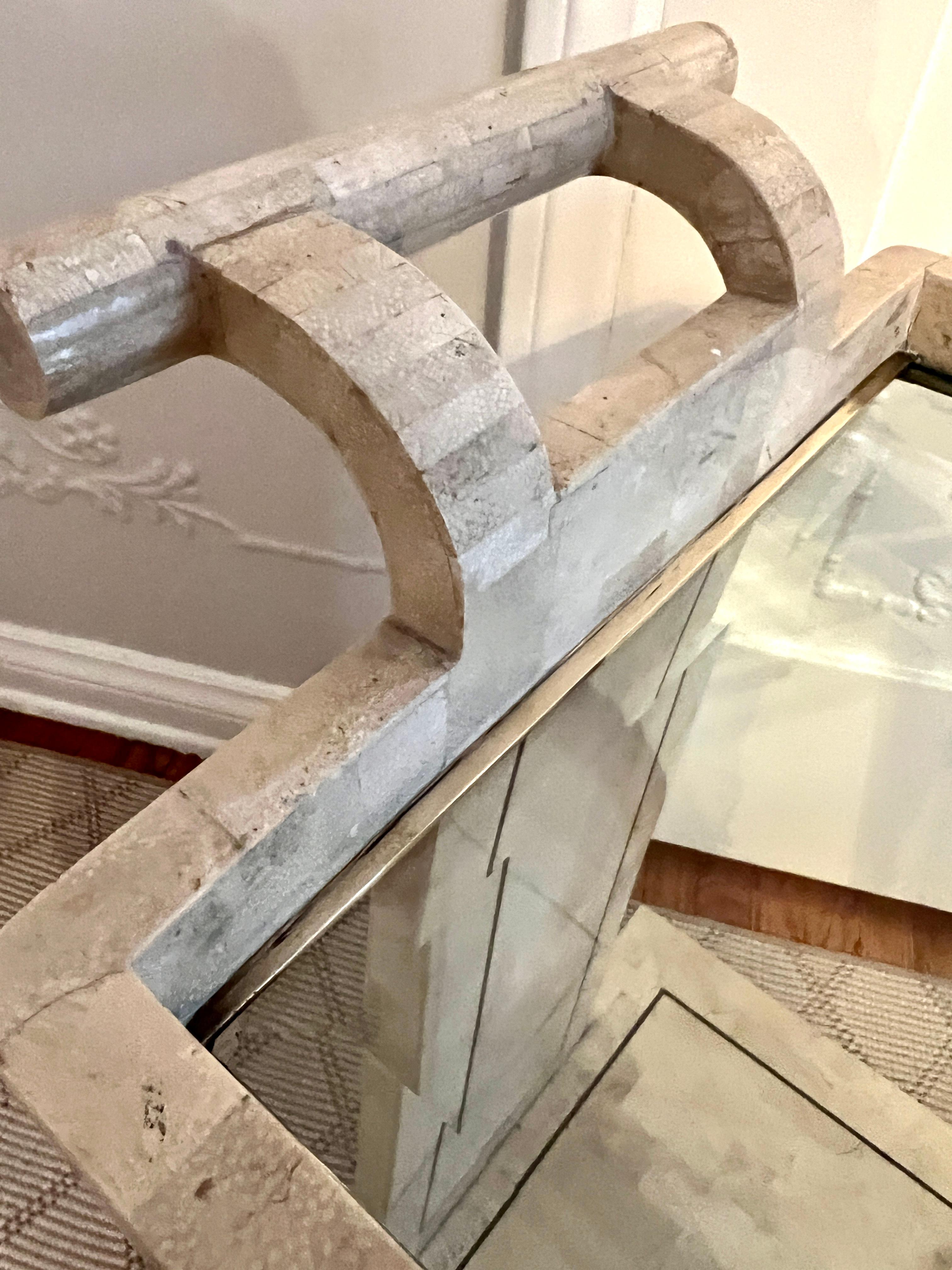 Tessellated Stone Bar or Tea Cart with Brass Trim in the style Maitland Smith For Sale 1