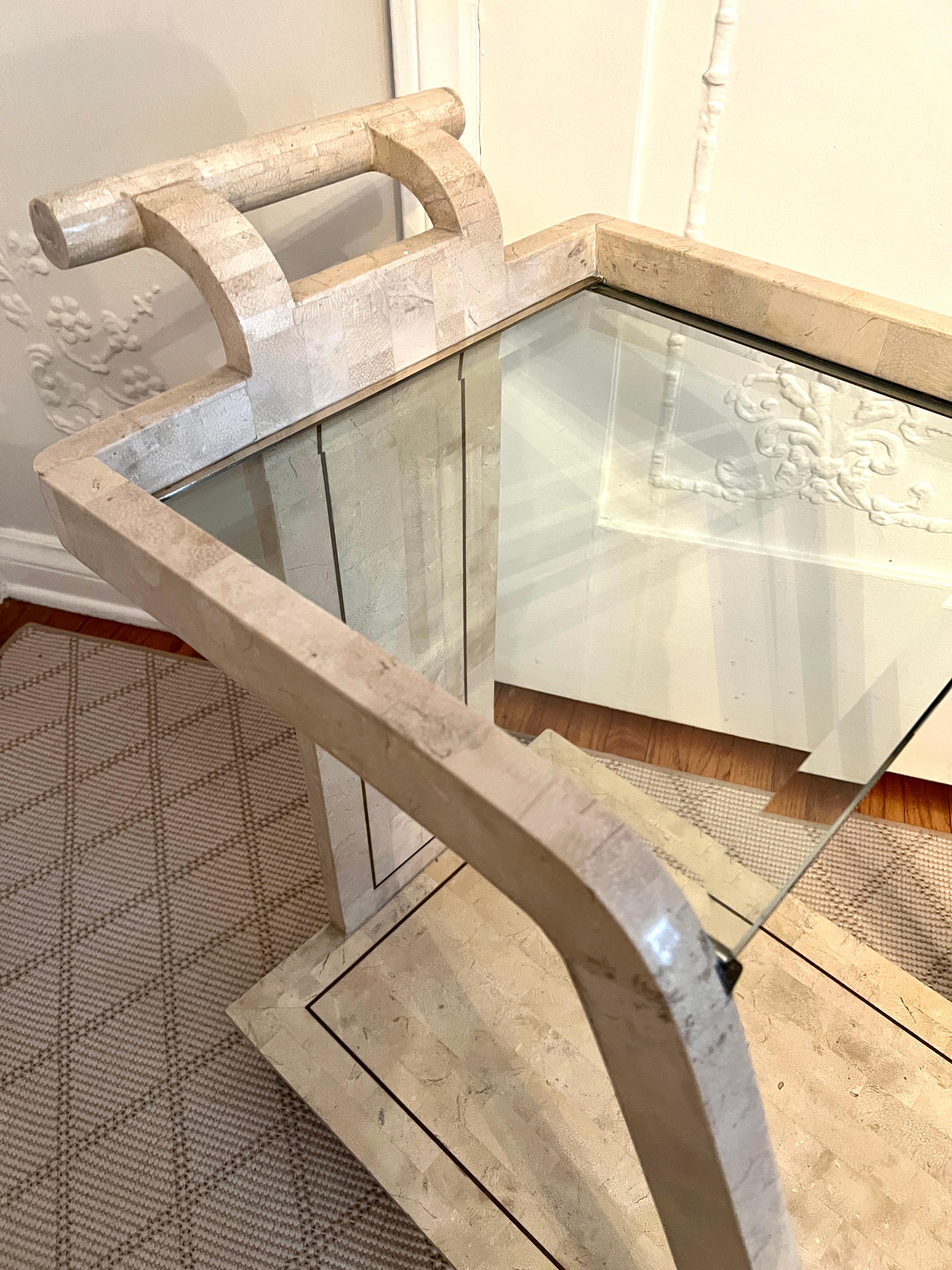 Tessellated Stone Bar or Tea Cart with Brass Trim in the style Maitland Smith For Sale 2