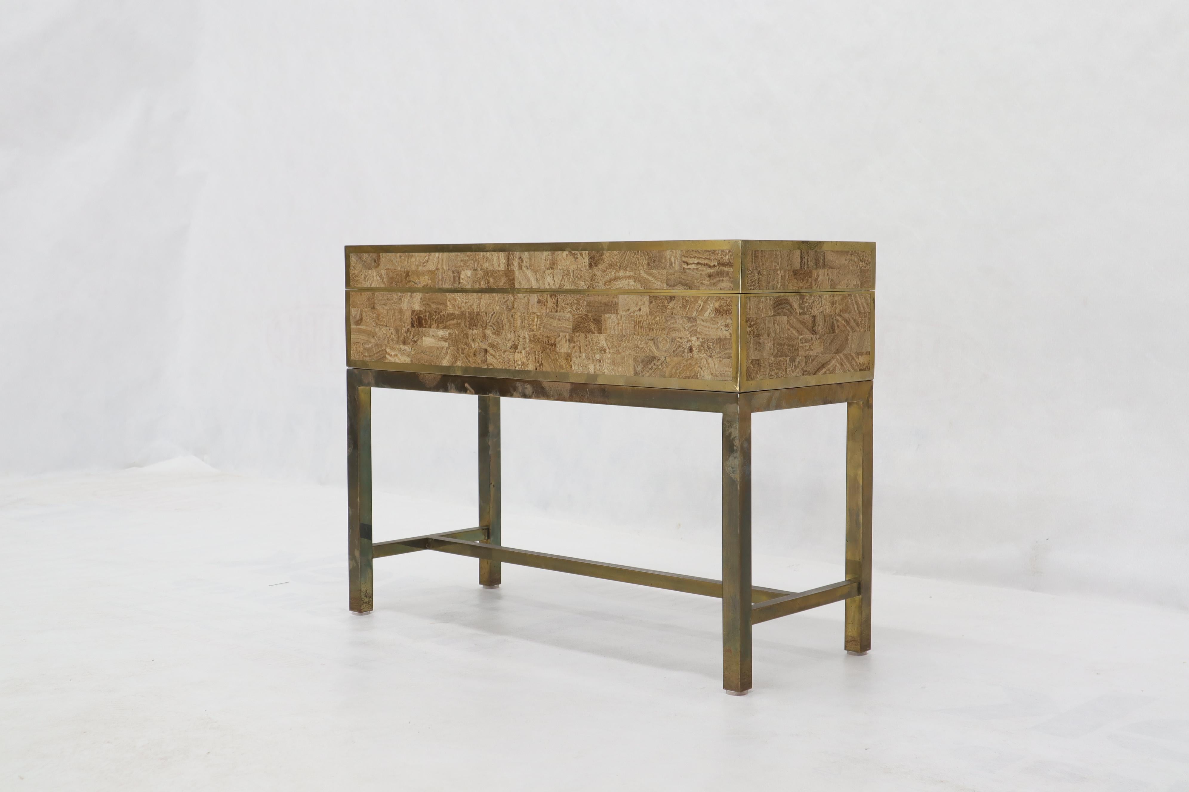 Mid-Century Modern Tessellated Stone Brass Frame Base Treasure Chest Trunk Box Console End Table For Sale