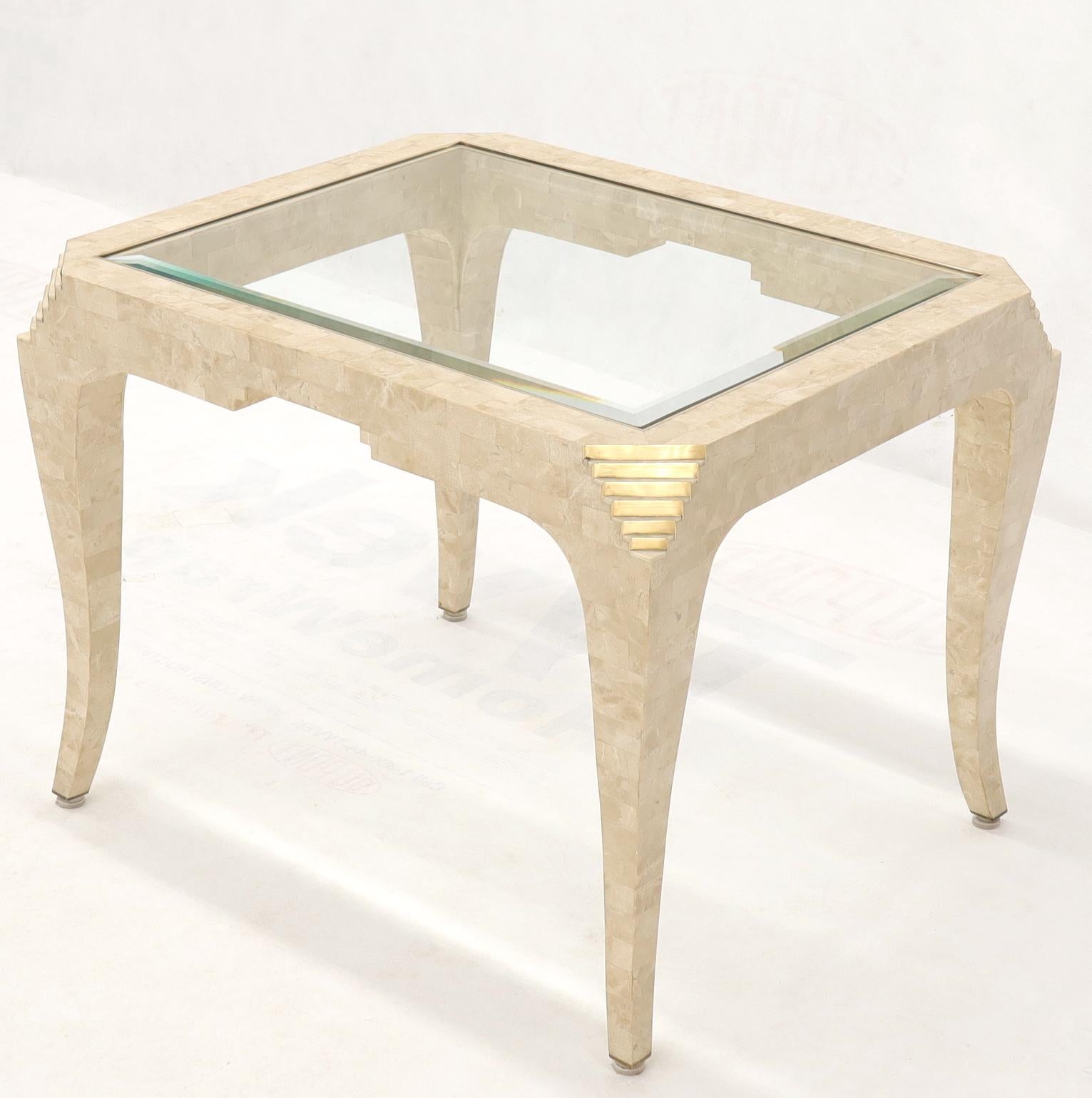 Tessellated Stone Brass Inlay Rectangular Side End Table Glass Top 2