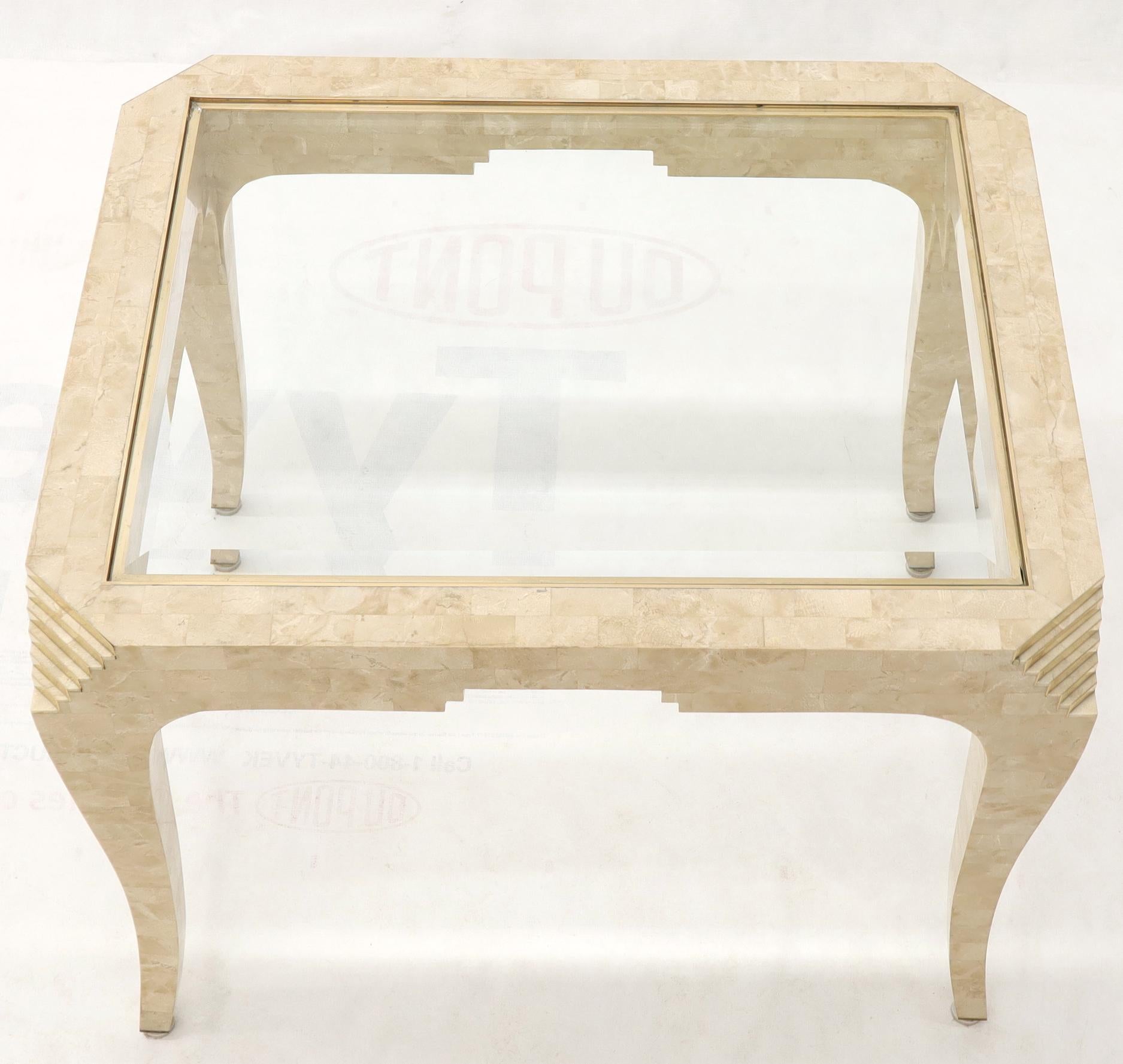 Limestone Tessellated Stone Brass Inlay Rectangular Side End Table Glass Top