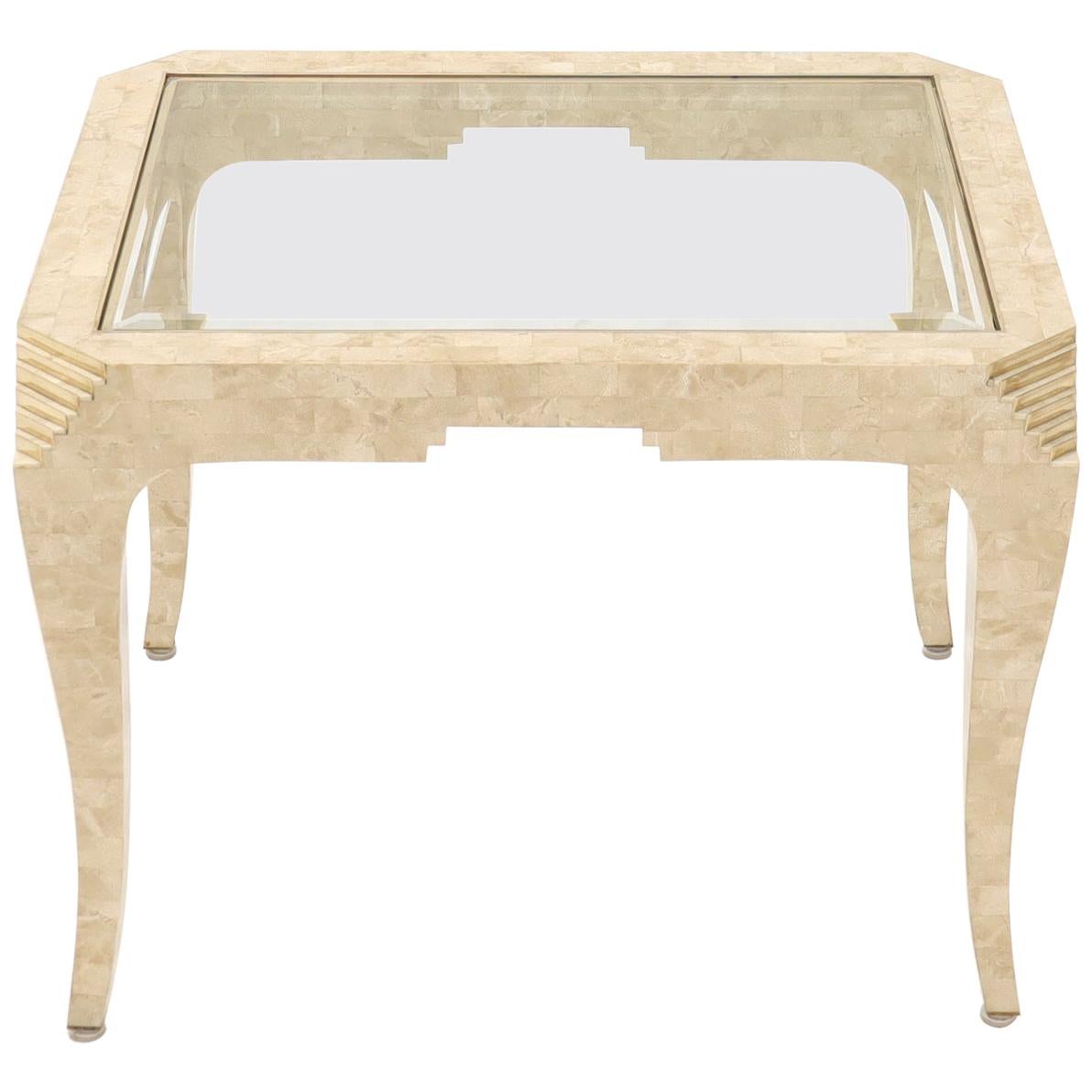 Tessellated Stone Brass Inlay Rectangular Side End Table Glass Top at