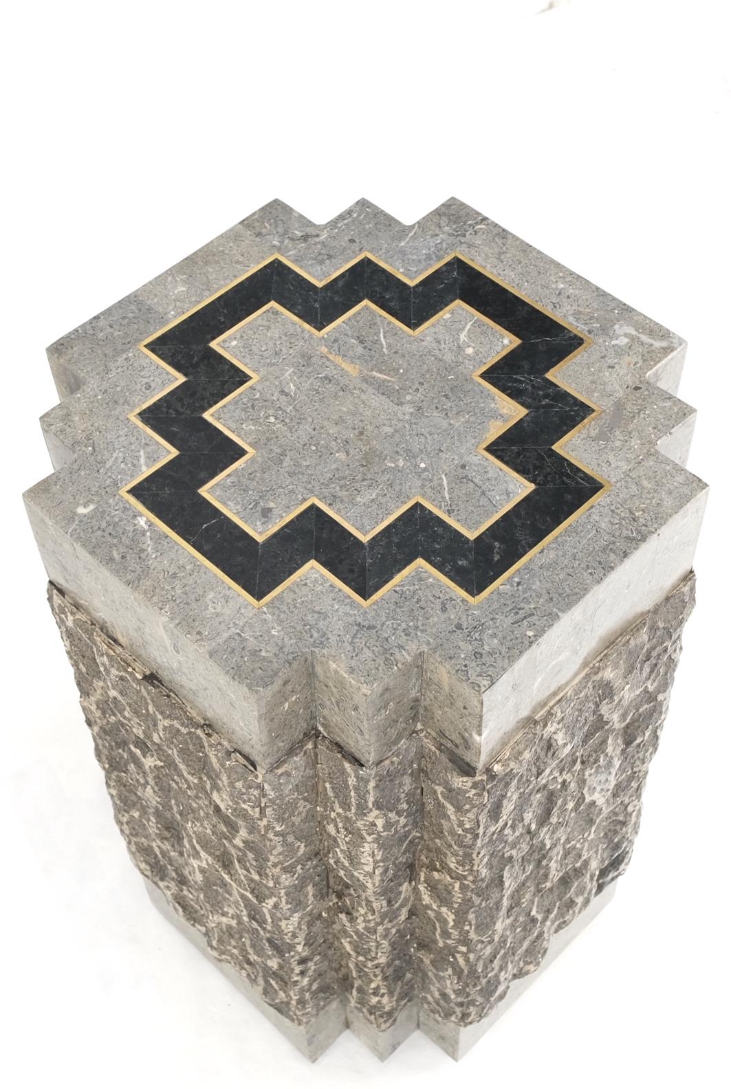 Tessellated Stone Brass Inlay Square Pedestal Stand End Table Black & Grey Mint For Sale 5